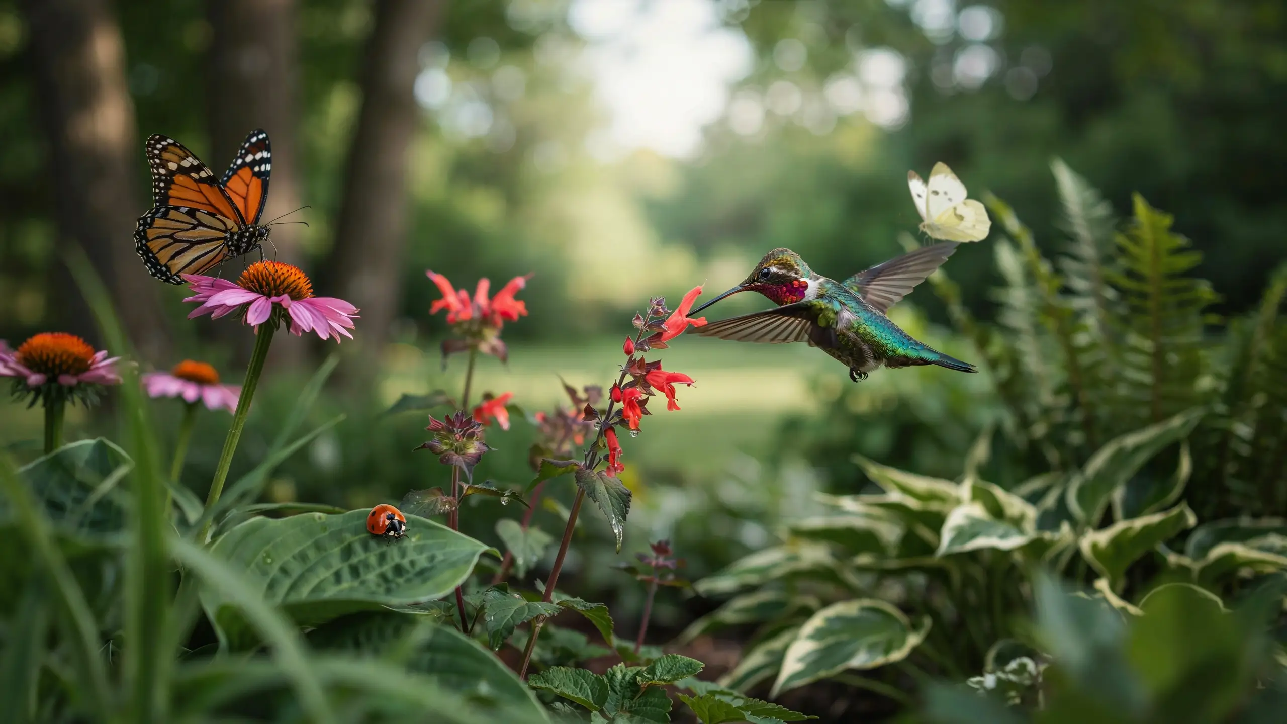 "Monarch butterfly resting on a pink coneflower and a ruby-throated hummingbird hovering to feed on red salvia in a natural, pesticide-free garden, with a ladybug on a hosta leaf."
