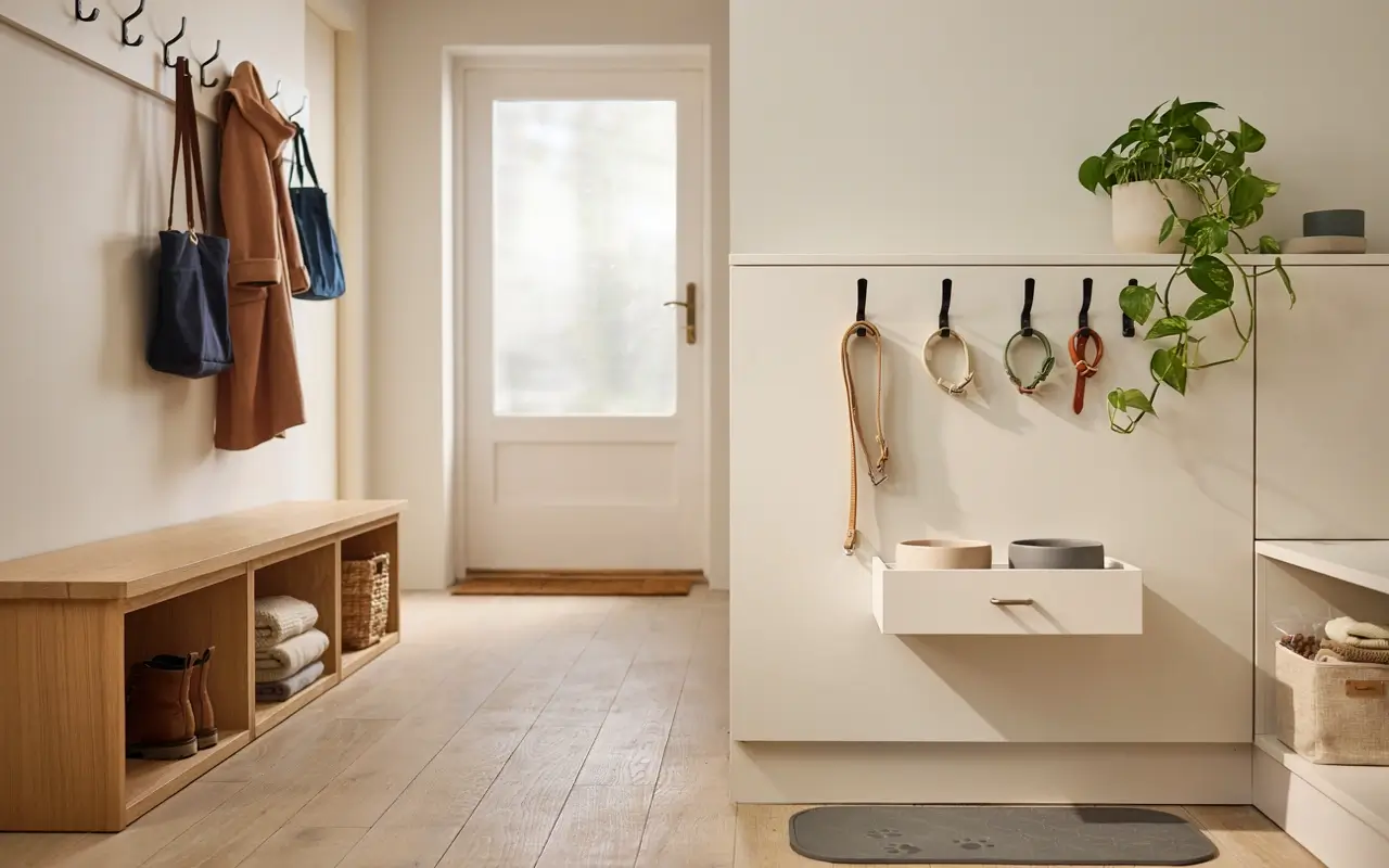 Pet-friendly mudroom station with leash hooks, storage drawer, bench cubbies, and washable pet mat.