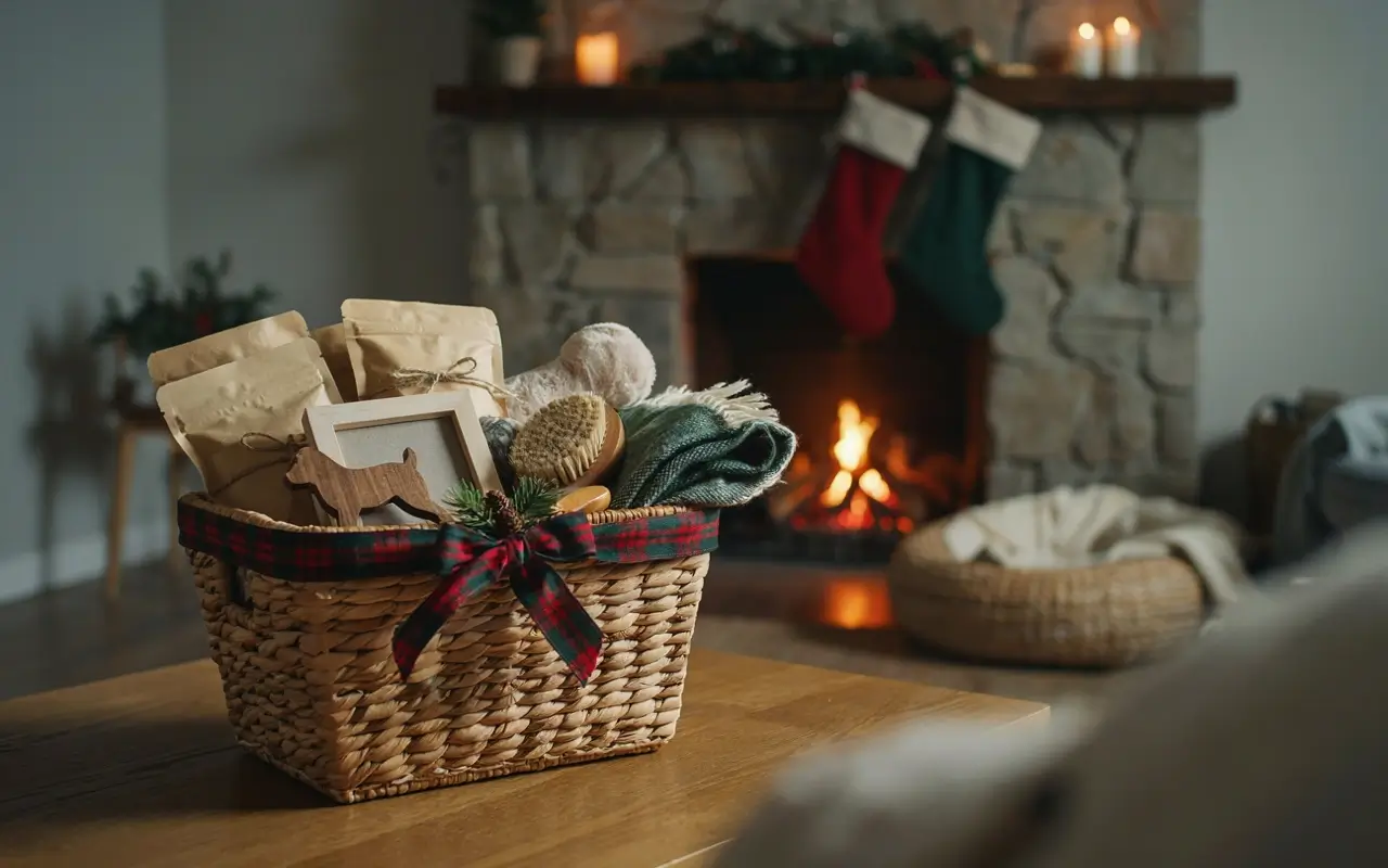 Pet lover’s Christmas gift basket with grooming brush, blanket, treats, and dog-themed decor by a fireplace.