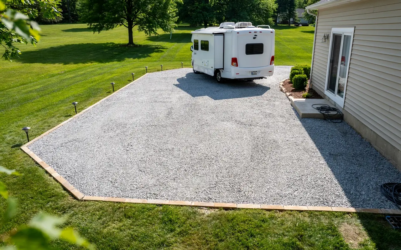 Gravel RV parking pad beside a home with a camper parked near the house.