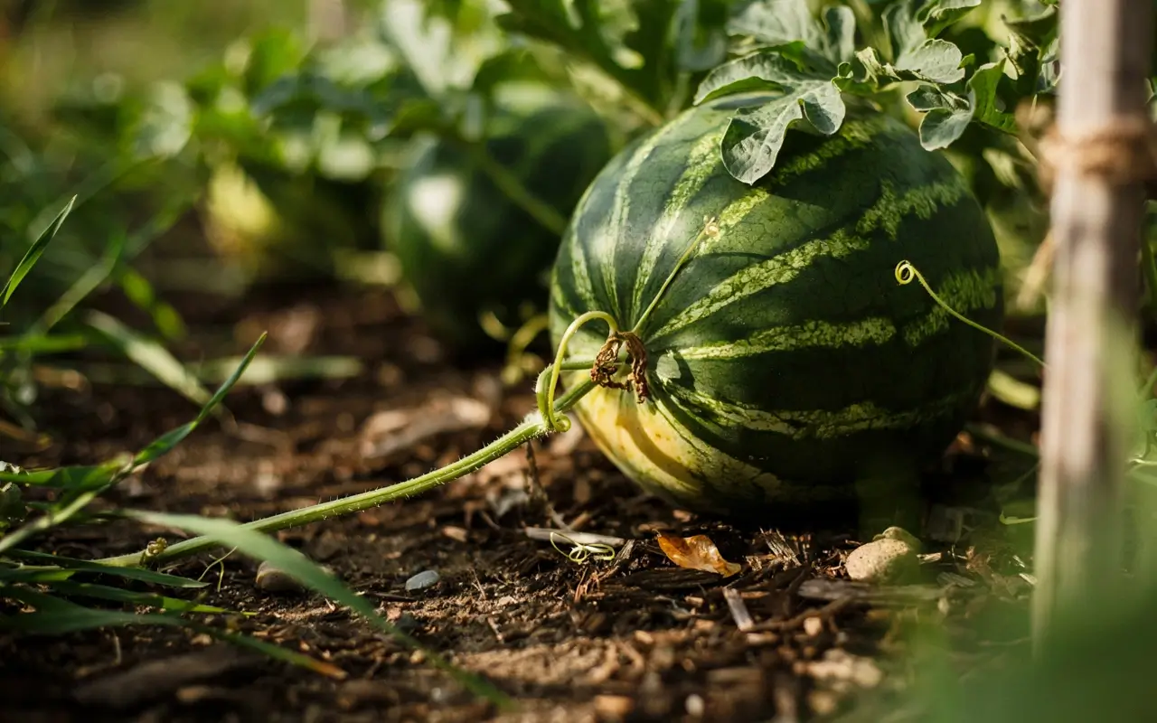 Ripe watermelon growing on the vine in a garden, ready to be picked from the soil