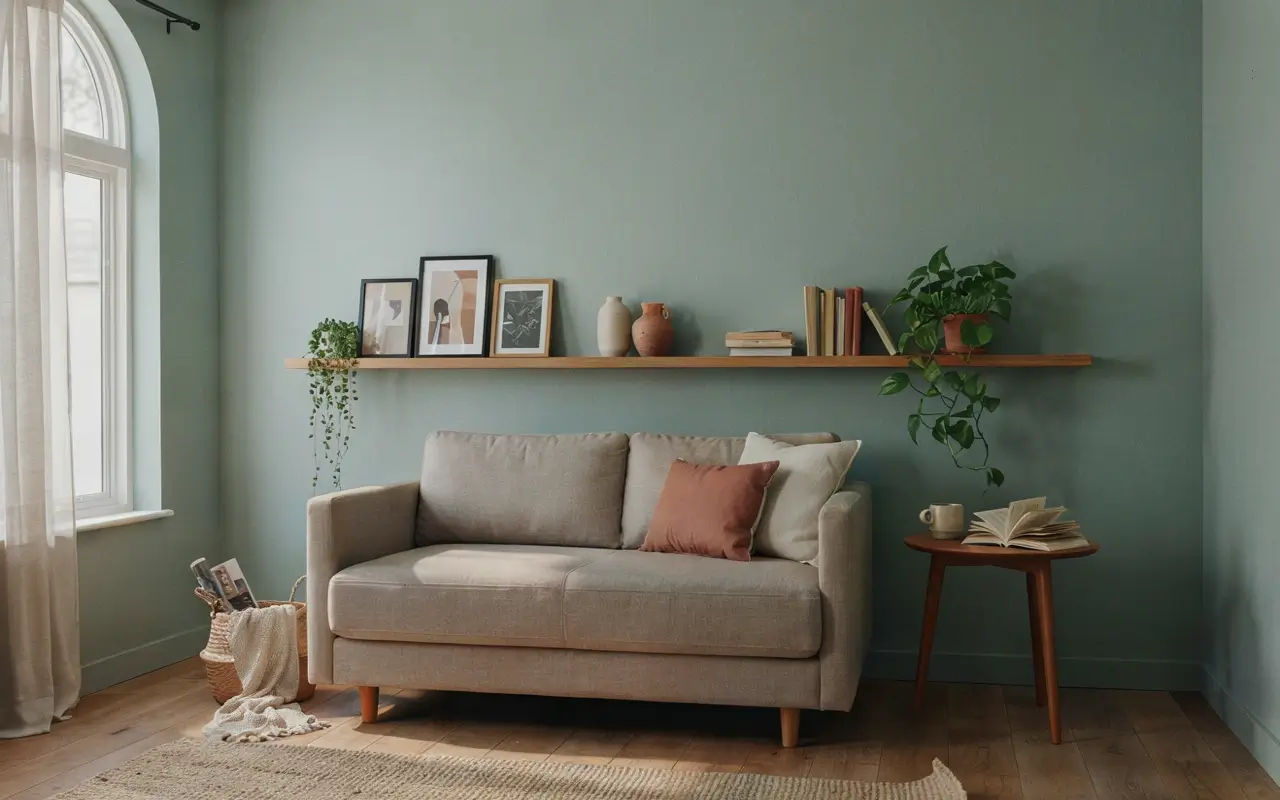 Living room with wooden picture ledge, framed art, books, and plants above a beige sofa