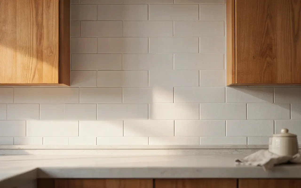 Plain white subway tile backsplash between warm wood kitchen cabinets and a light quartz countertop.