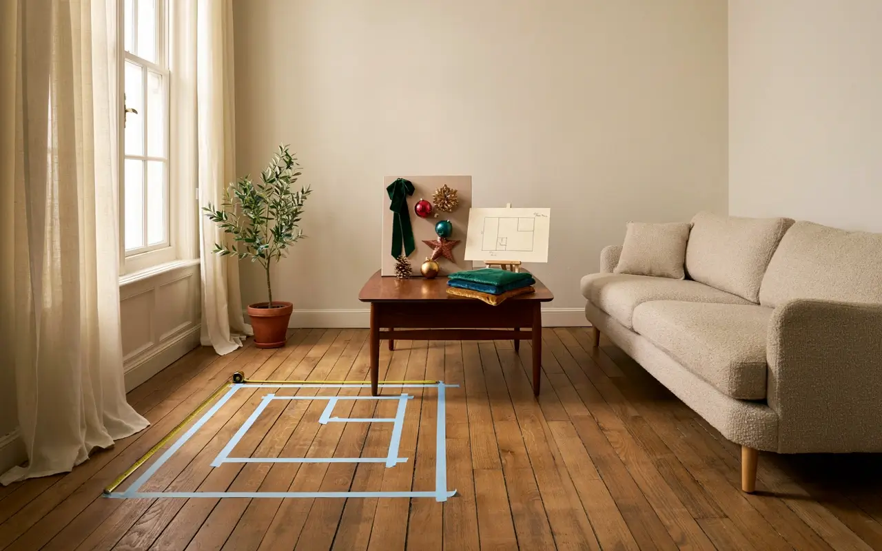 Small living room with floor measurements and Christmas decorations prepared before decorating.