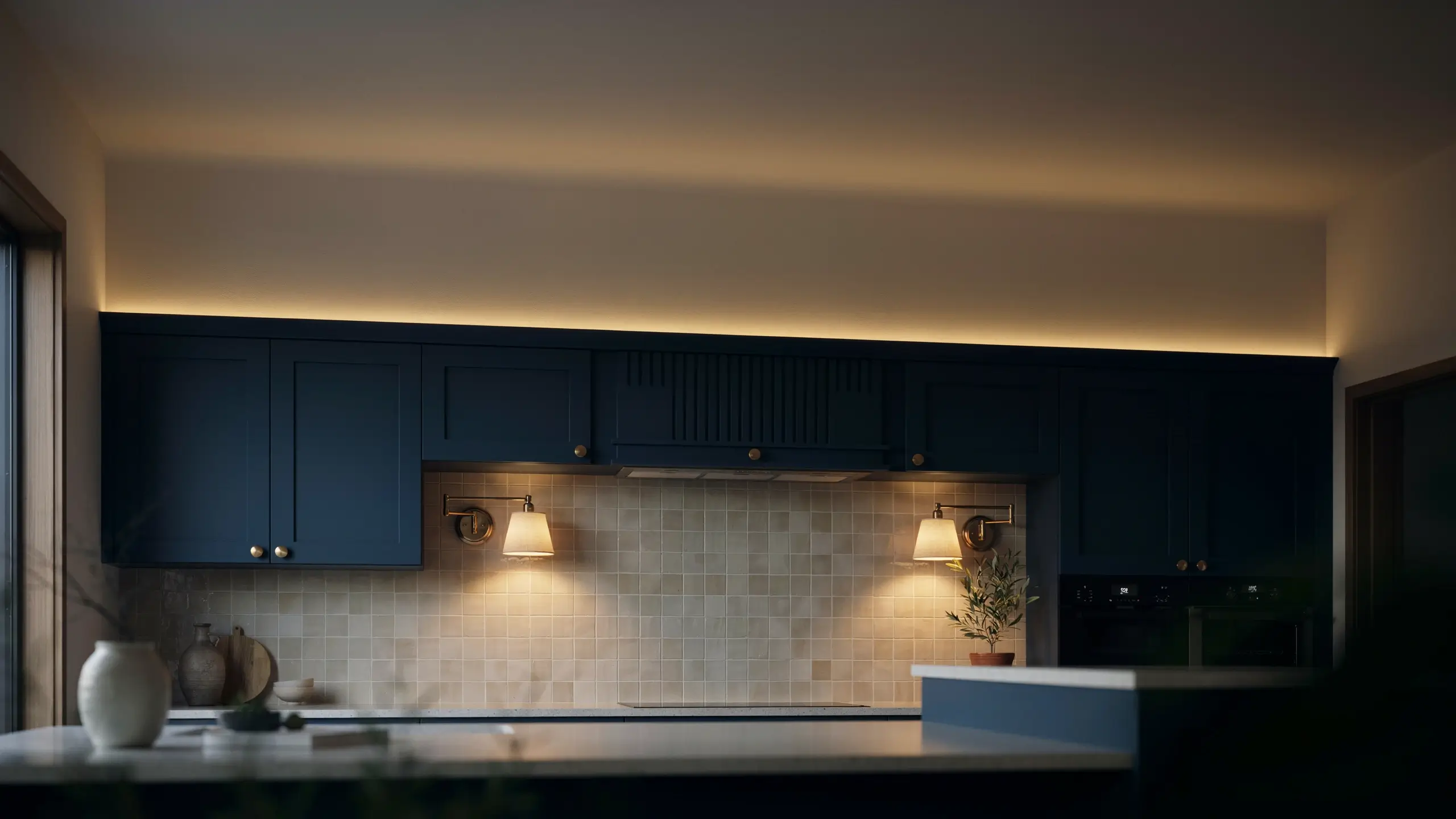 Navy kitchen cabinets with warm LED strip lights above and swing-arm sconces illuminating the backsplash.