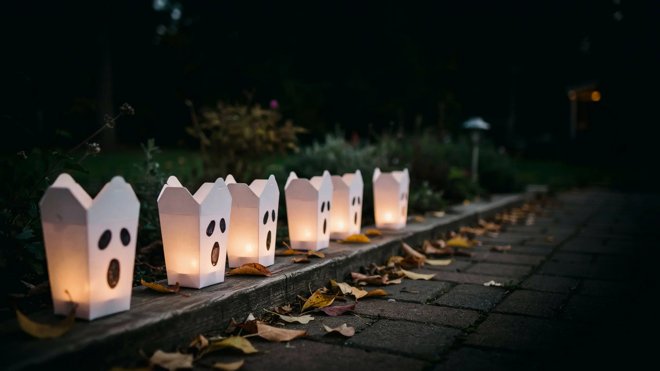 White popcorn box ghost luminaries glowing with warm lights along a garden pathway with autumn leaves at night. 