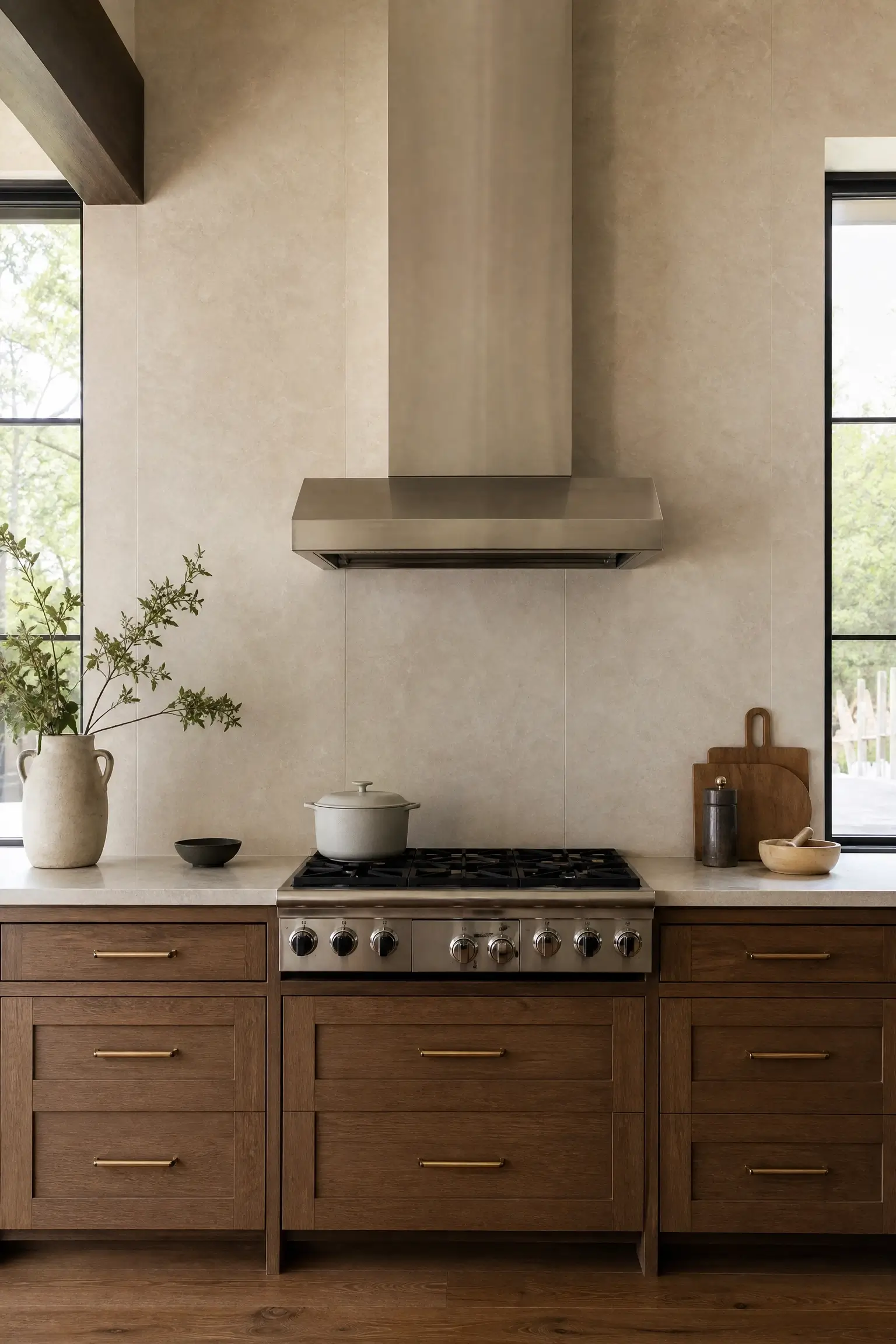 Full-height beige porcelain tile wall behind a stove in a modern wood kitchen with stainless range hood