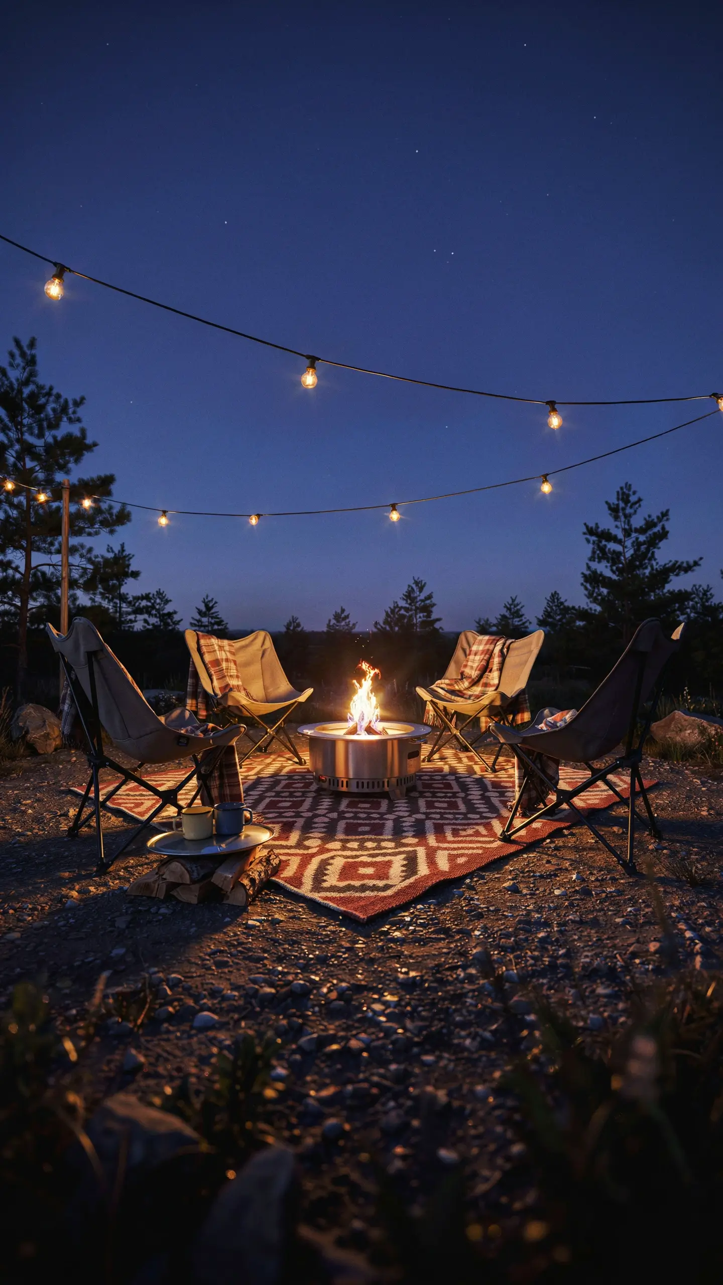 Cozy night camping setup featuring a stainless steel portable smokeless fire pit in the center, surrounded by beige camping chairs draped with plaid blankets, under warm string lights and positioned on a patterned geometric rug, set against a backdrop of pine trees and a starry blue sky. 