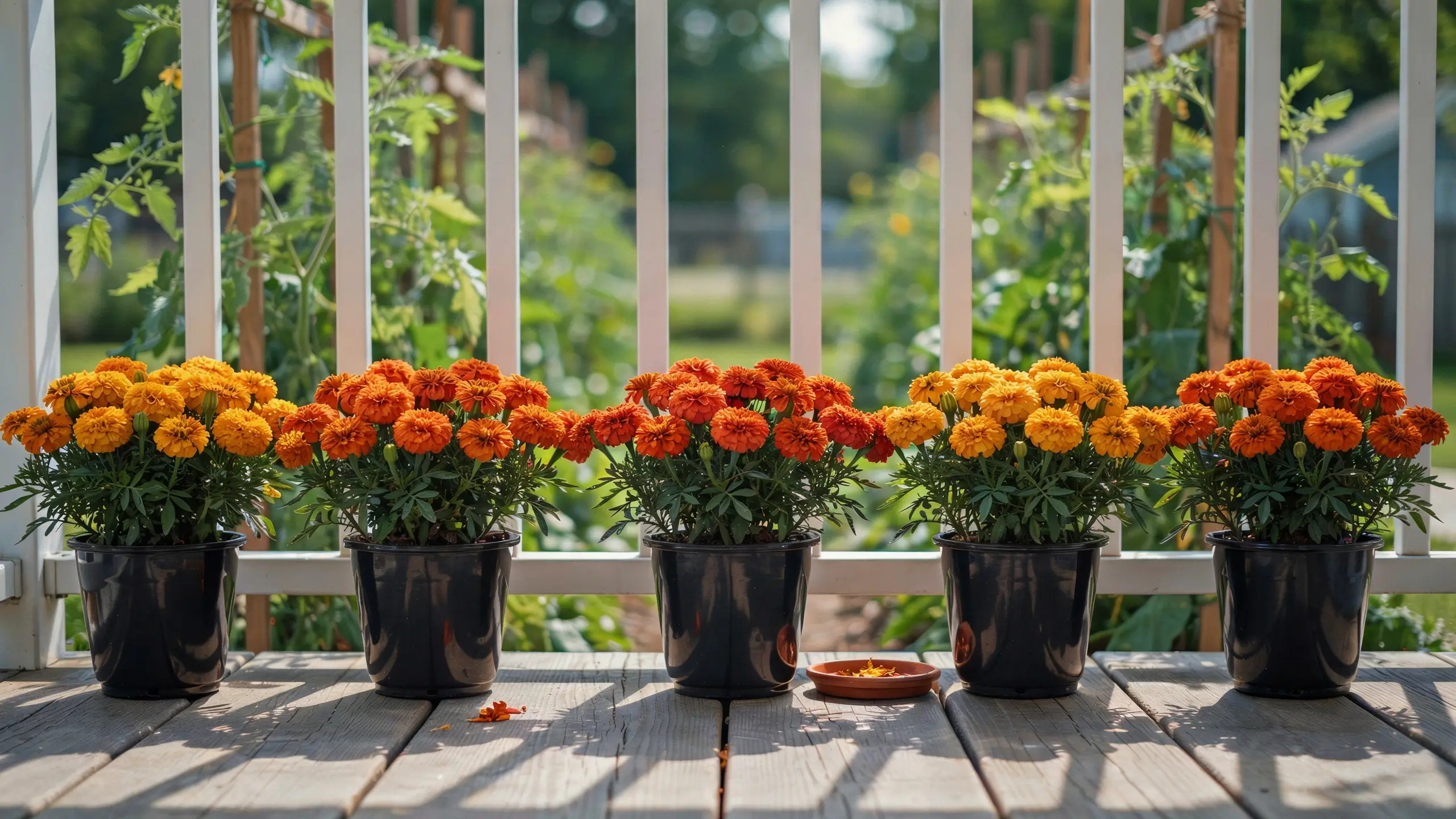 Five potted orange and yellow marigolds blooming in black planters on a sunny outdoor wooden deck with a white garden railing.