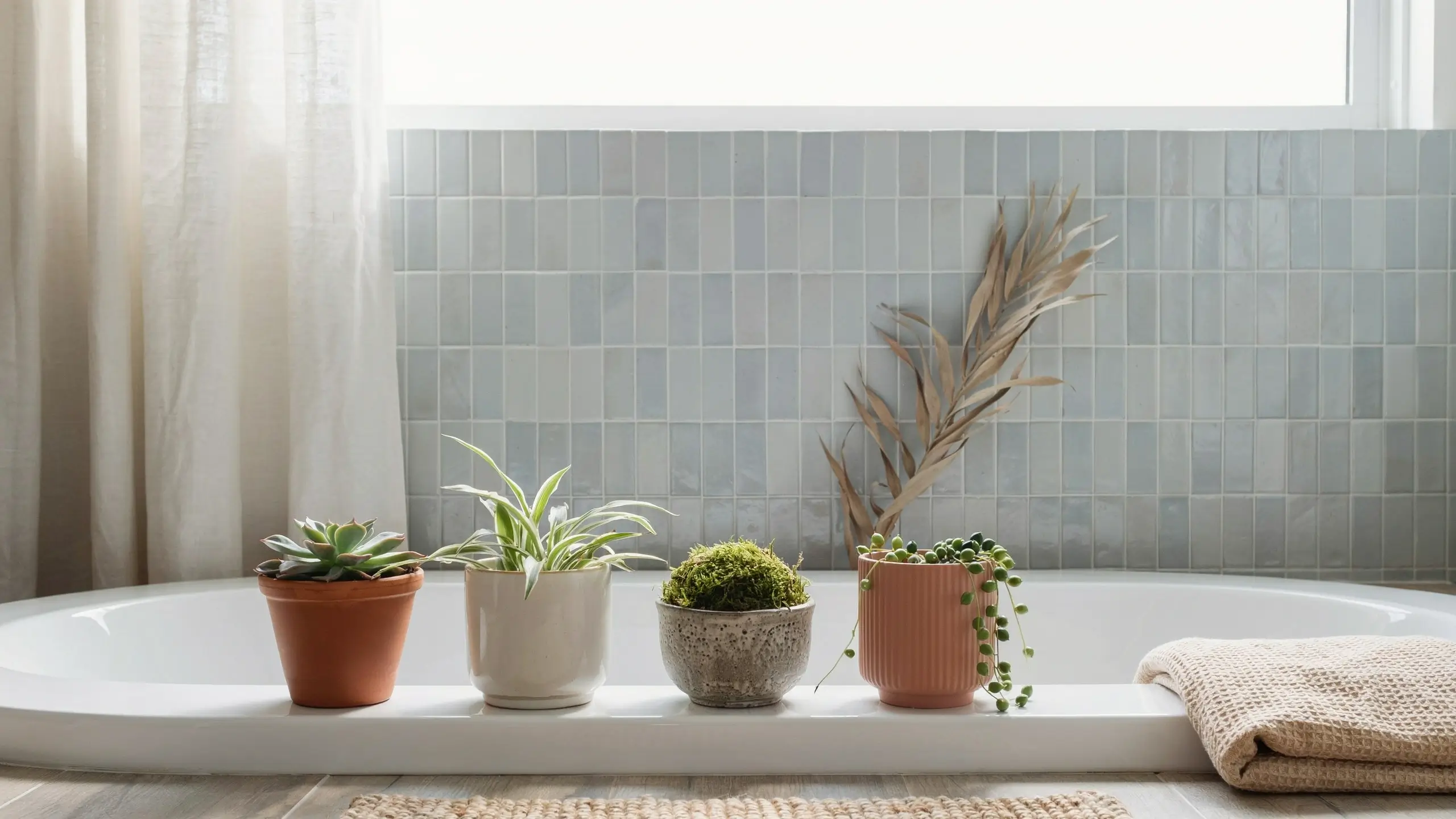 Four small potted indoor plants including a succulent, spider plant, moss ball, and string of pearls arranged on a white bathtub ledge in a bright bathroom with light blue tiled walls.