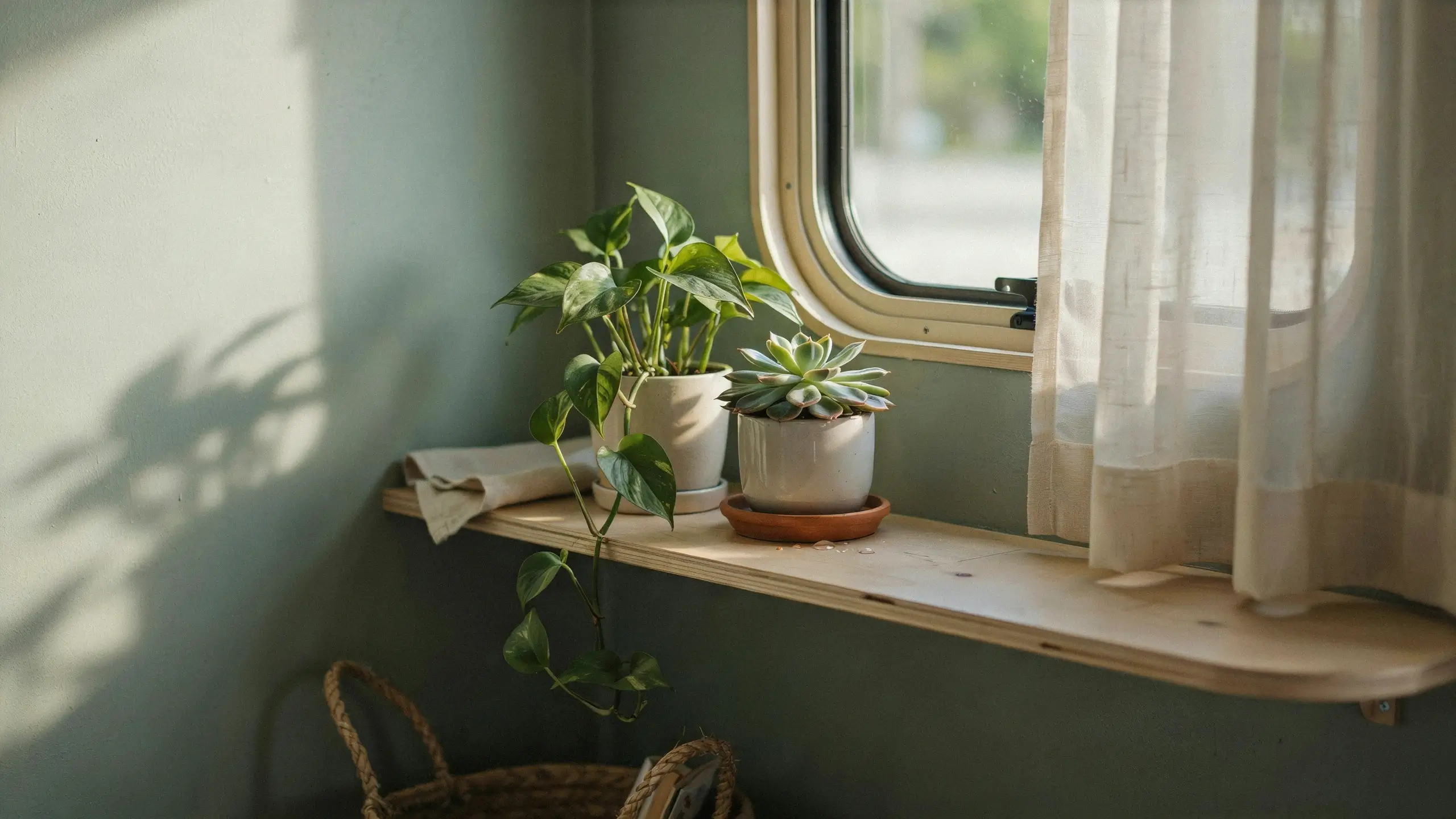 Potted pothos and succulent plants on a sunlit wooden window ledge casting leaf shadows on a sage green wall. 