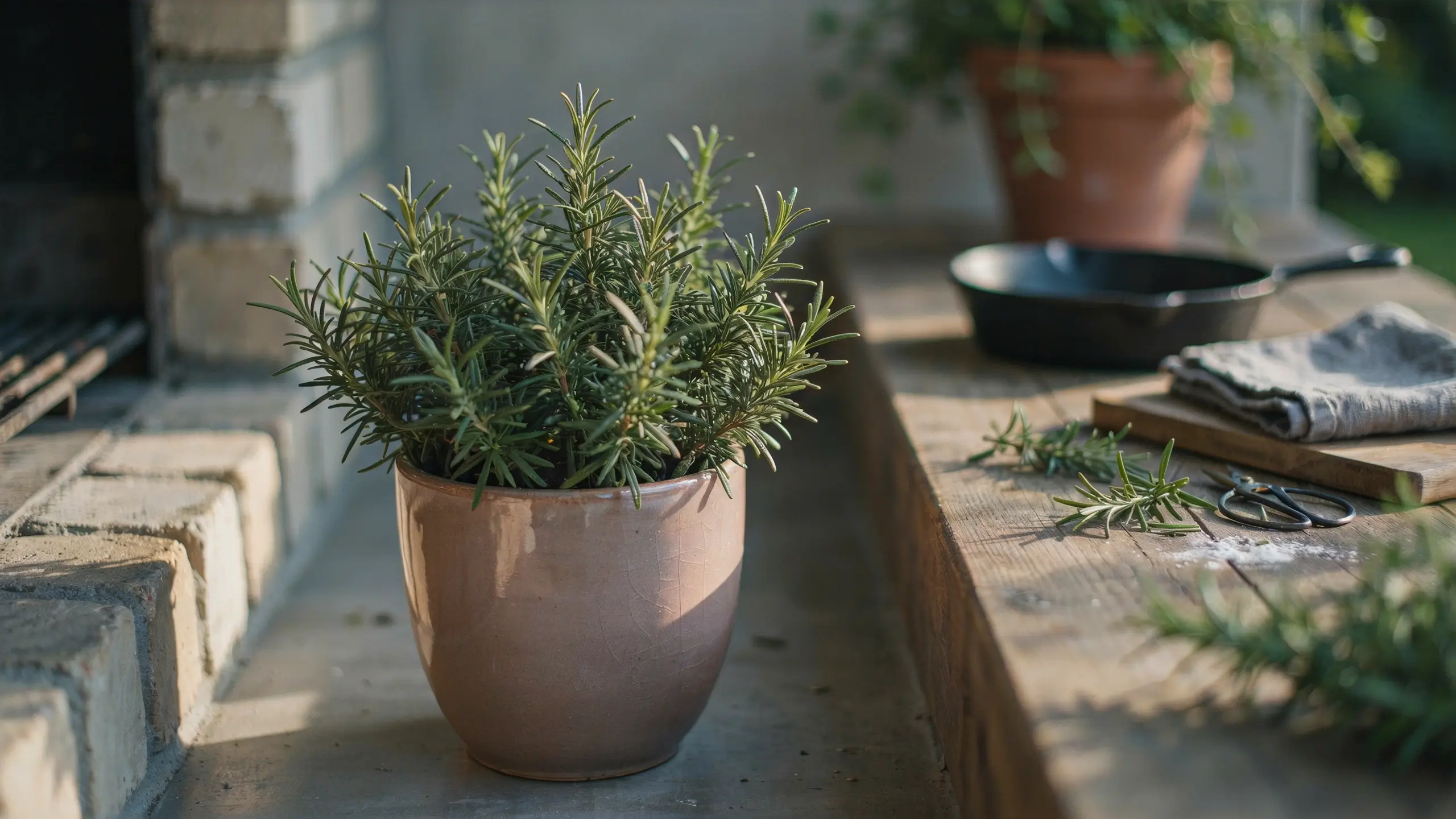 A lush, green potted rosemary plant in a glazed ceramic pot, placed outdoors on a rustic wooden surface next to a black cast iron skillet, a wooden cutting board, and a pair of scissors for fresh herb preparation. 
