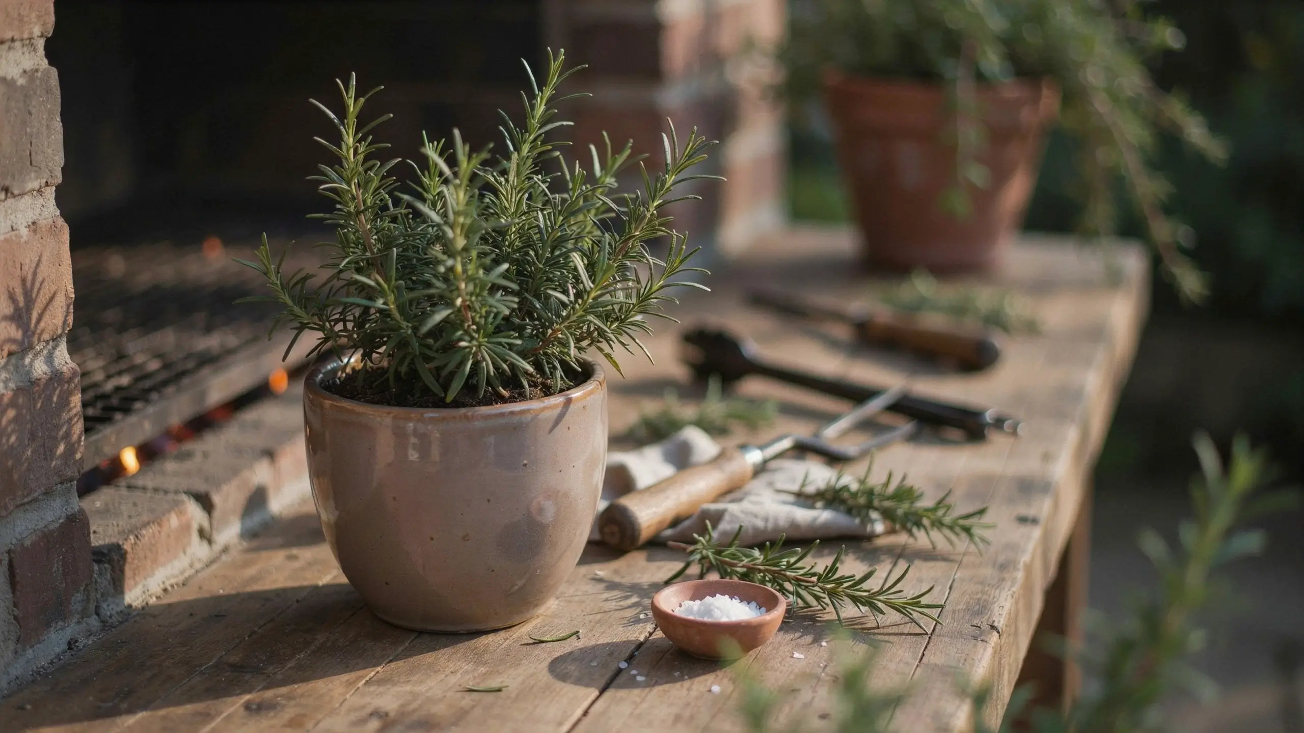 Fresh potted rosemary herb on a rustic wooden table alongside a small bowl of sea salt and pruning shears for outdoor barbecue preparation