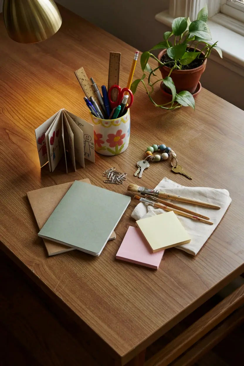Practical teacher gifts with a decorated pencil cup, handmade booklet, notebooks, keychain, and art brushes.