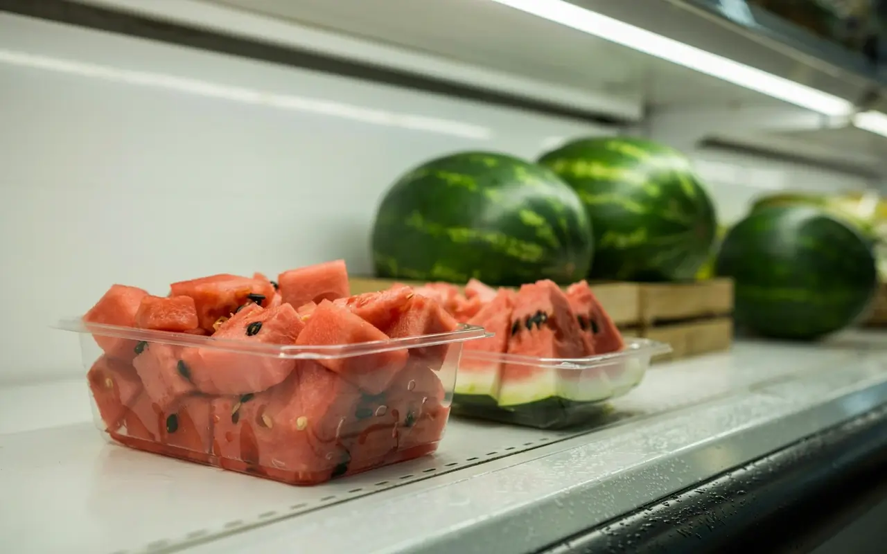 Pre-cut watermelon cubes in clear containers beside whole watermelons in a refrigerated grocery display