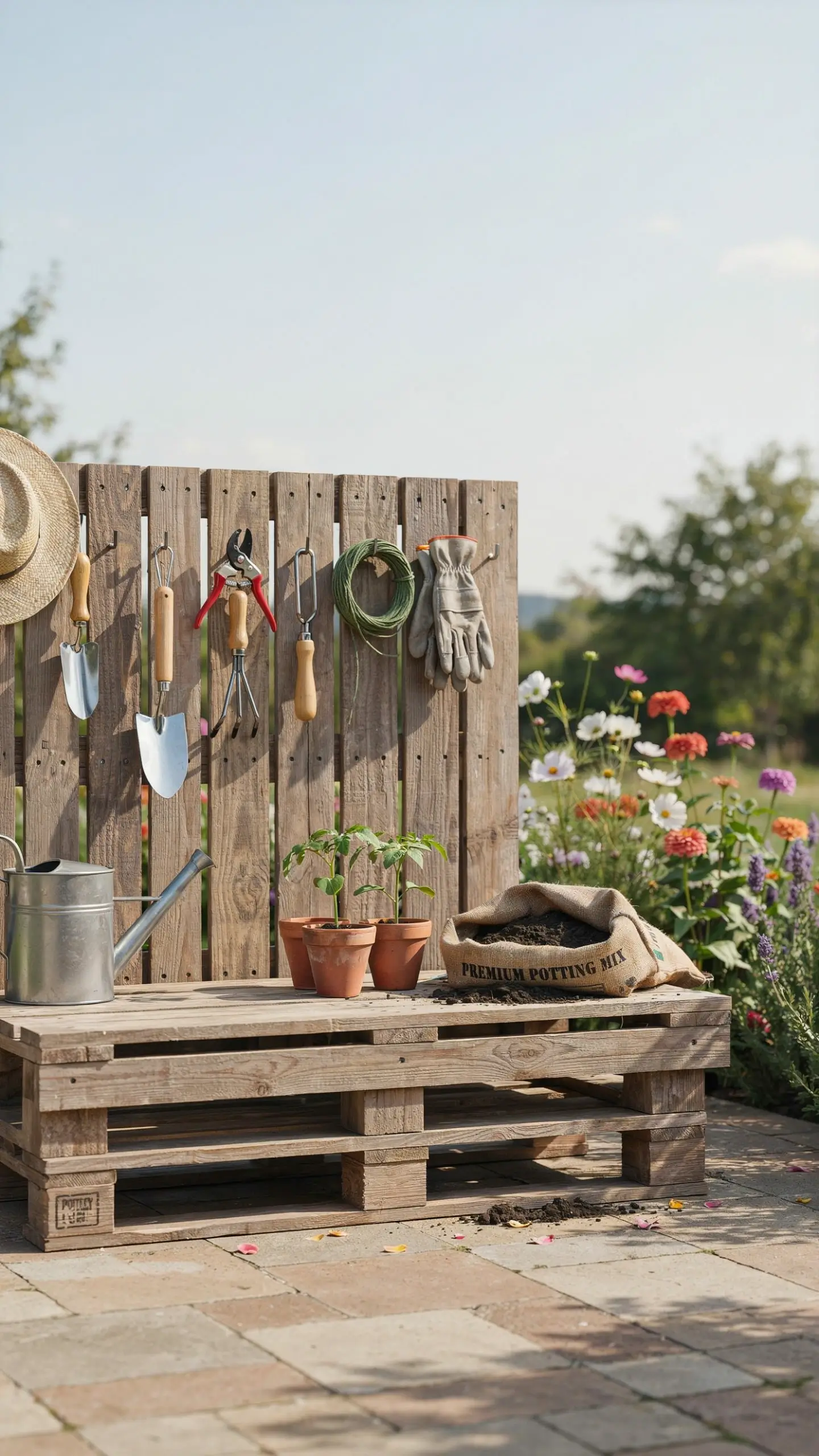 A bag of premium potting mix soil placed on a rustic wooden potting bench in a garden, ready for planting flowers or vegetables.