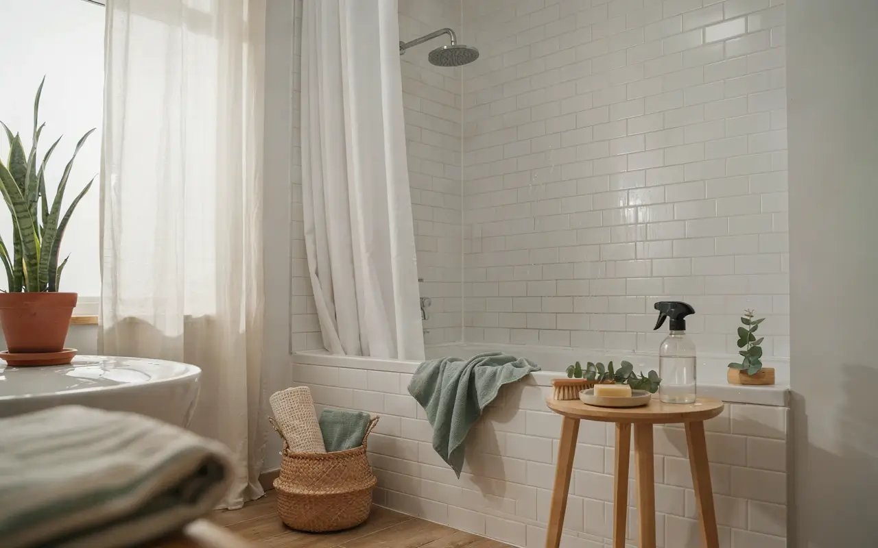 Bright white tile bathroom with spray bottle, brush, soap, and airy setup to prevent mold and mildew.
