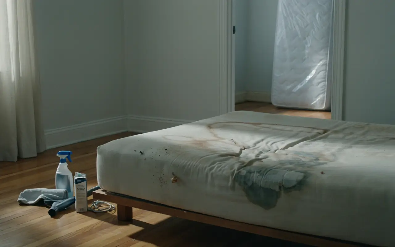 Alt Text: Heavily stained mattress beside cleaning supplies, suggesting professional cleaning or mattress replacement.
