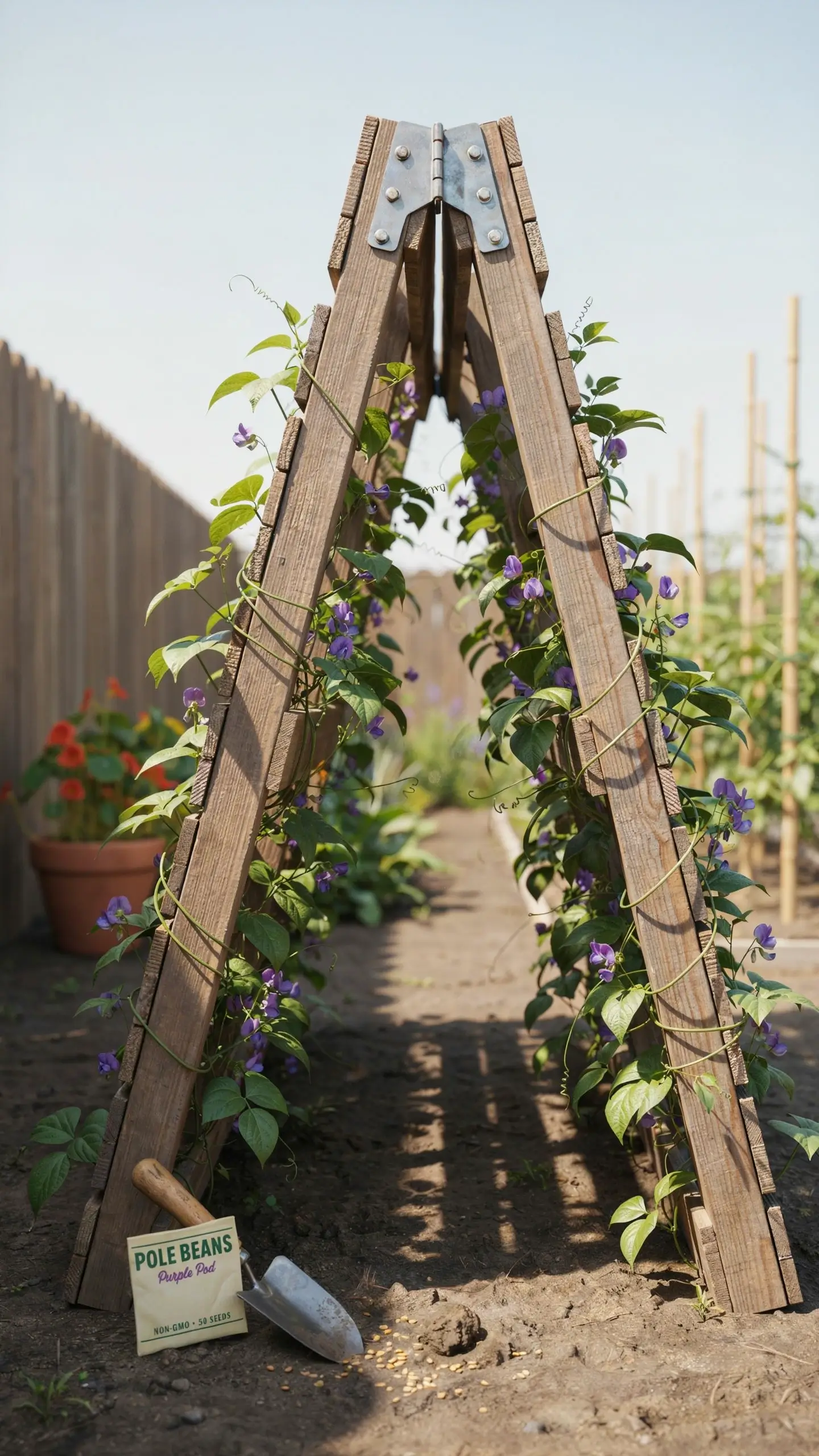 Purple Pod Pole Beans non-GMO seed packet with 50 seeds, ideal for vertical gardening and freestanding trellis hinge supports. 