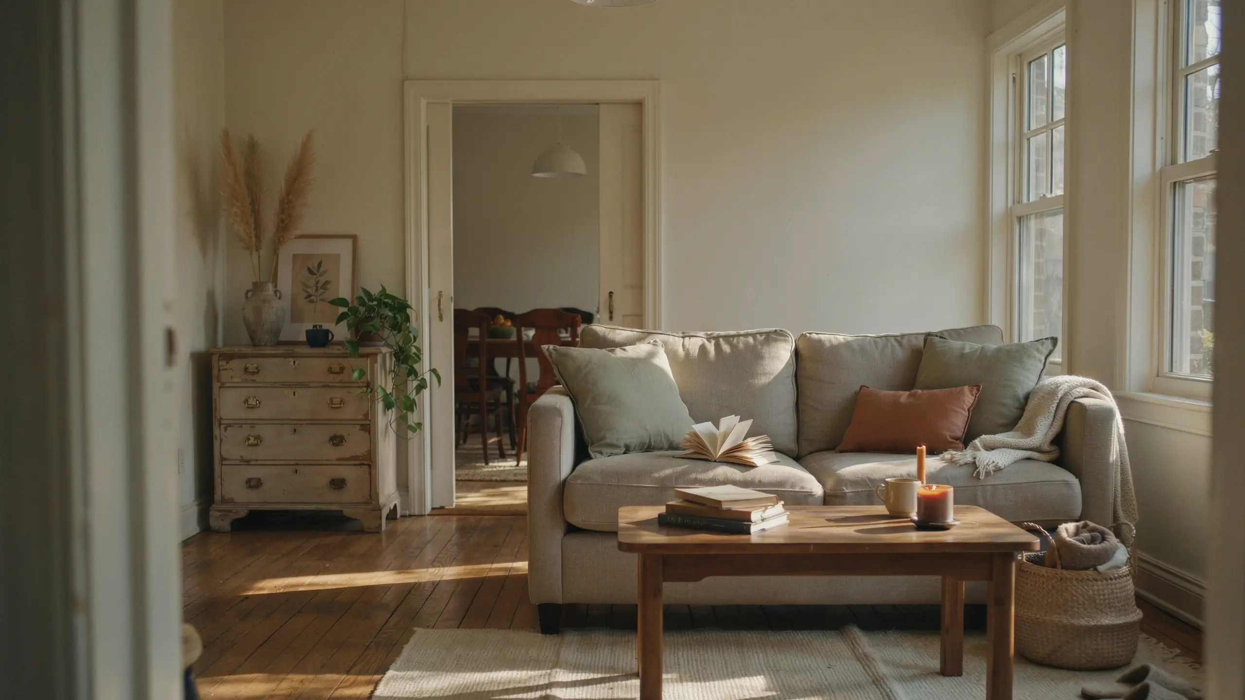 Cozy living room with a durable neutral sofa, wooden coffee table, and vintage dresser in warm natural light.