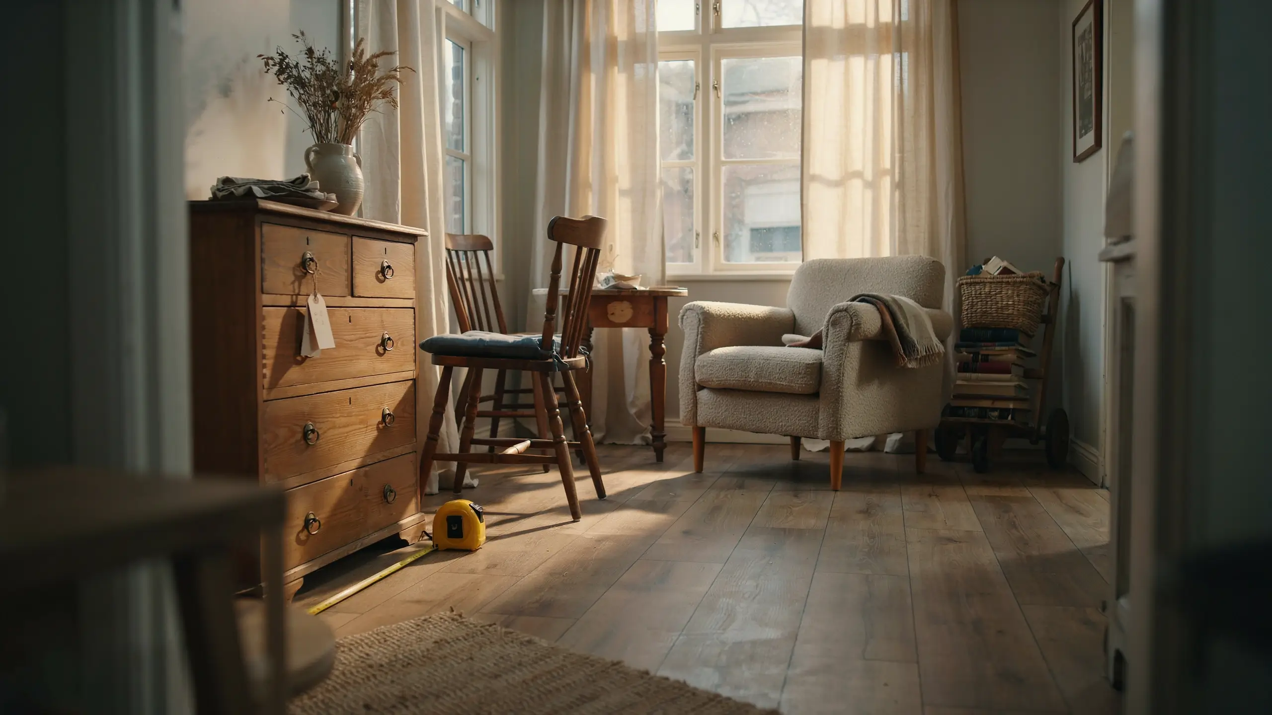 Sunlit room with a solid wood dresser, vintage chairs, cream armchair, and tape measure on the floor