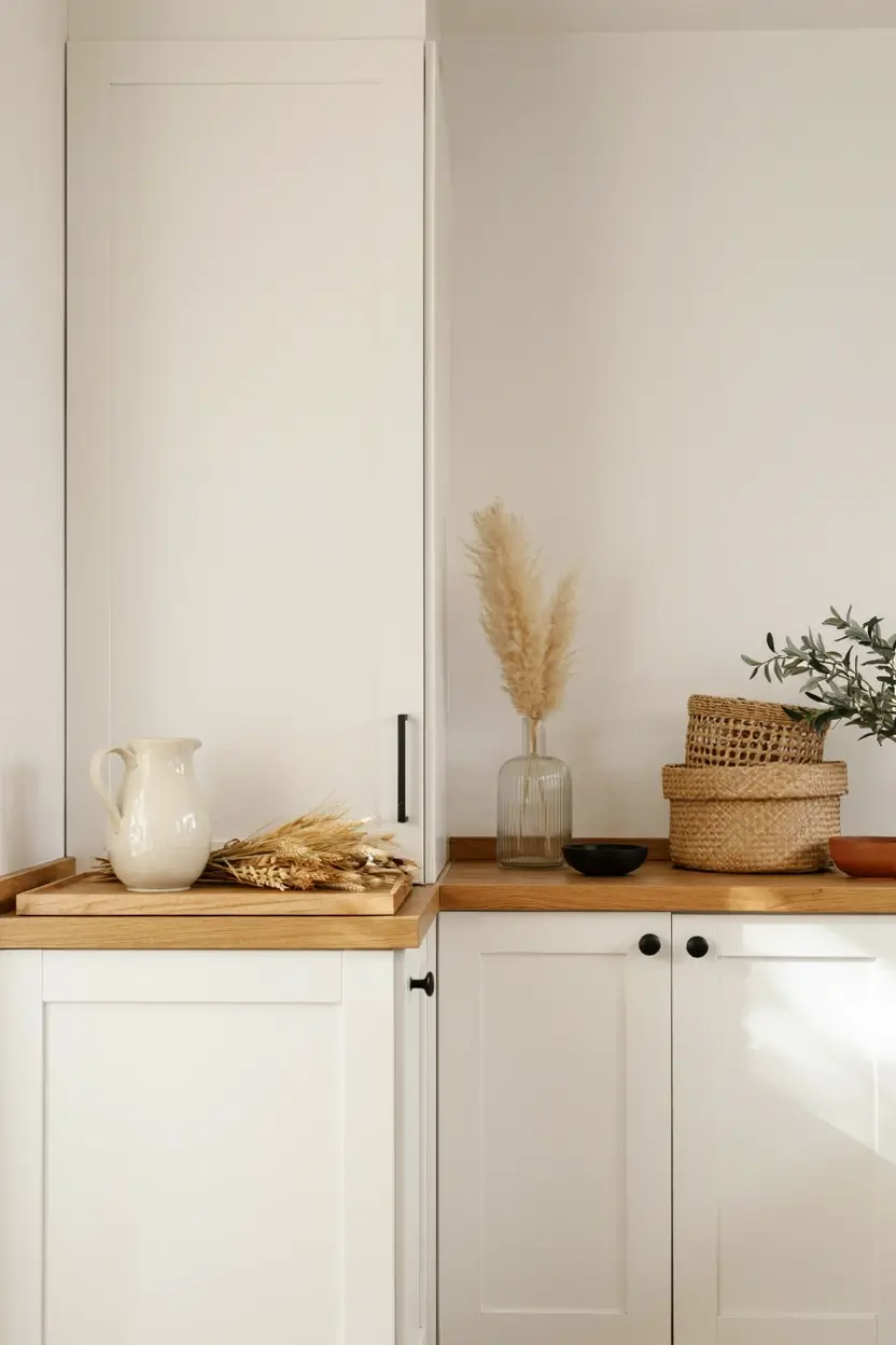 Neutral kitchen with white cabinets, wood countertops, woven baskets, and dried wheat decor.
