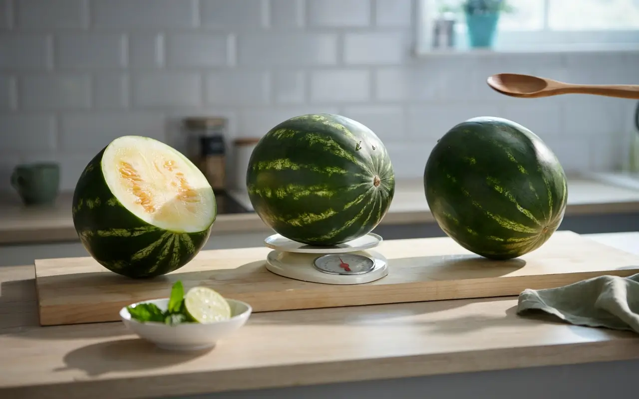 Watermelons on a kitchen counter showing the flip, lift, and knock method for choosing a ripe melon