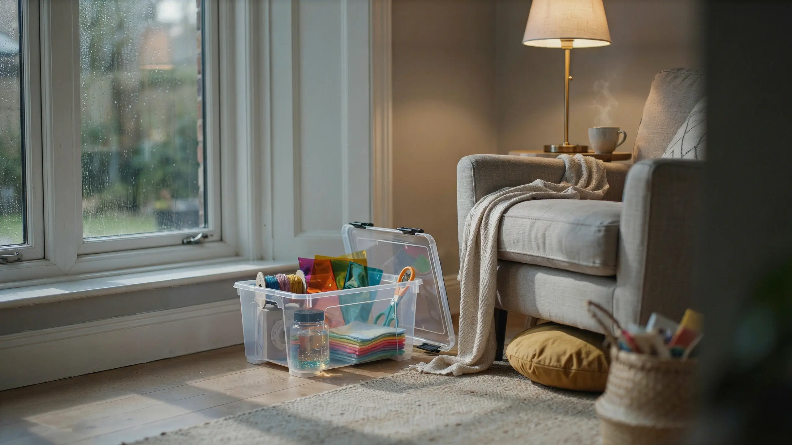 Clear plastic craft bin filled with colorful yarn, paper, and scissors next to a rain-spattered window, with a cozy beige armchair, warm lamp, and steaming mug in a living room.