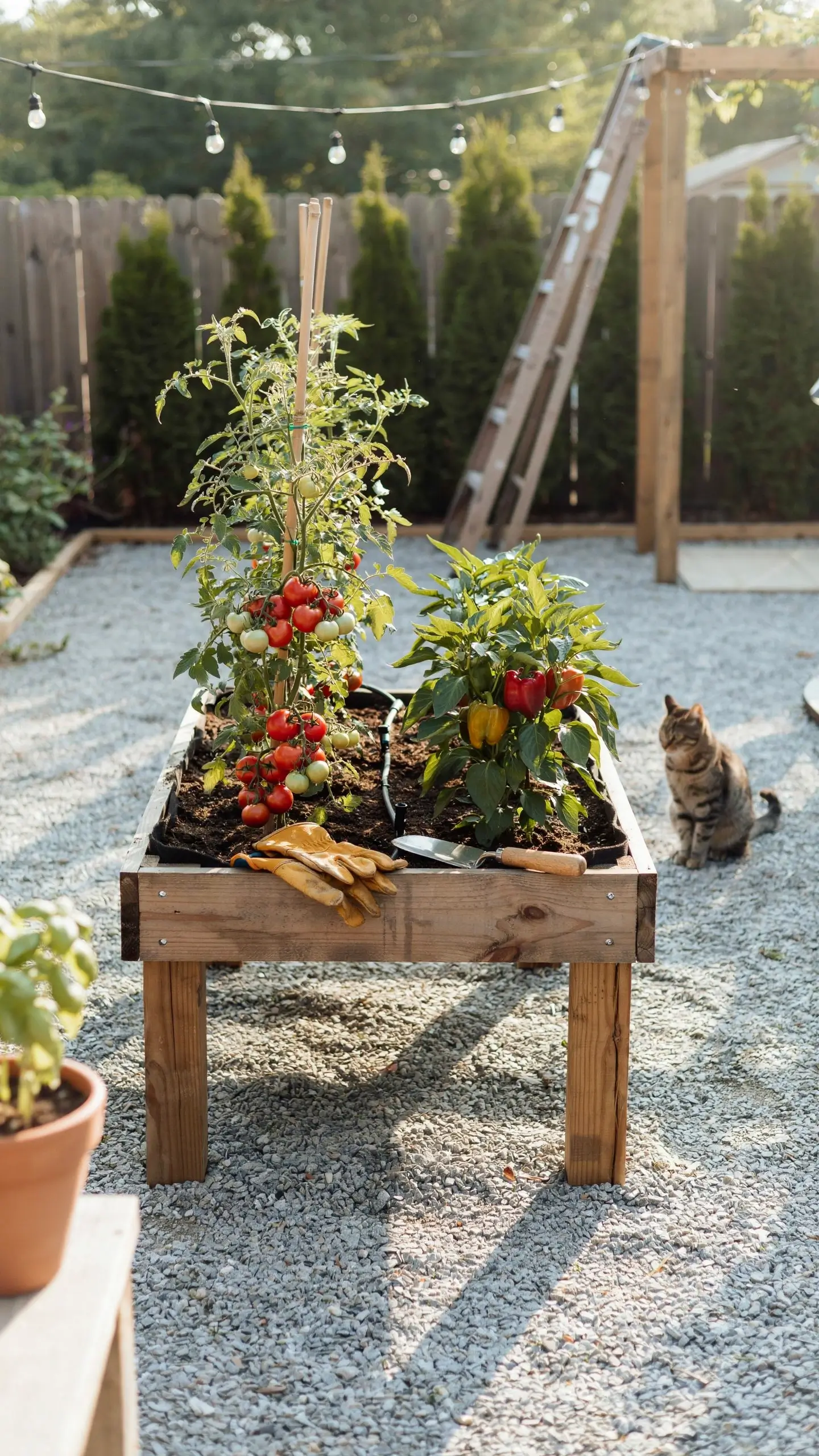 Elevated wooden raised planter with built-in legs holding tomato and bell pepper plants, with gardening gloves and a trowel on a sunny gravel patio. 