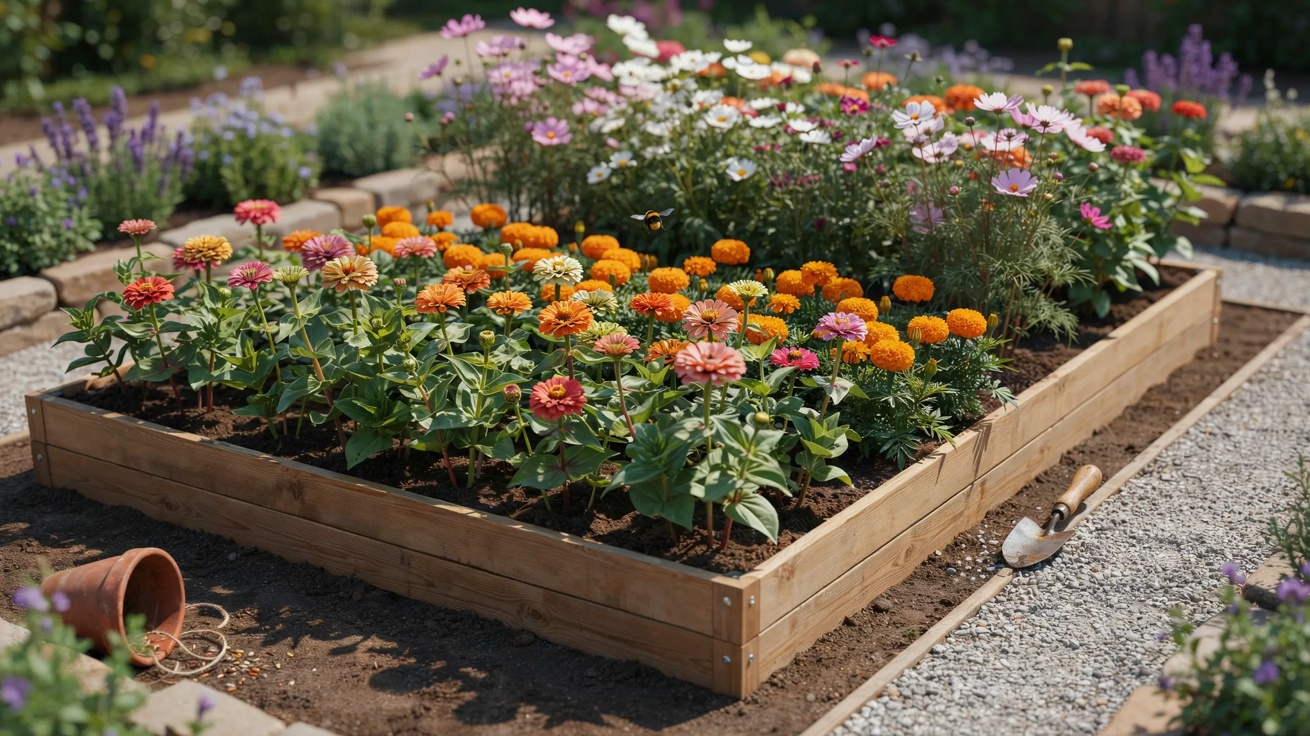 A vibrant wooden raised flower bed brimming with pink zinnias, orange marigolds, and cosmos, with a bee hovering in a sunny outdoor garden