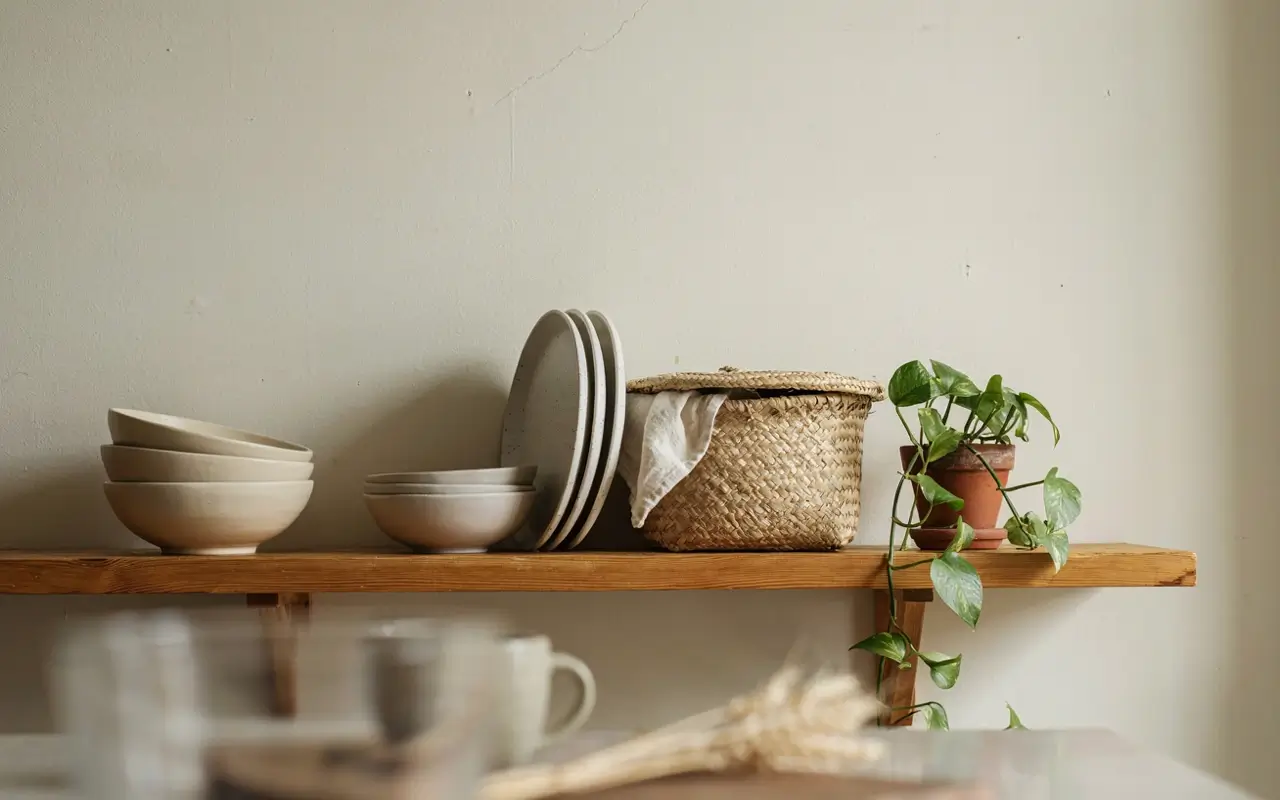 Open wooden kitchen shelf with ceramic bowls, plates, a rattan basket and trailing pothos plant.
