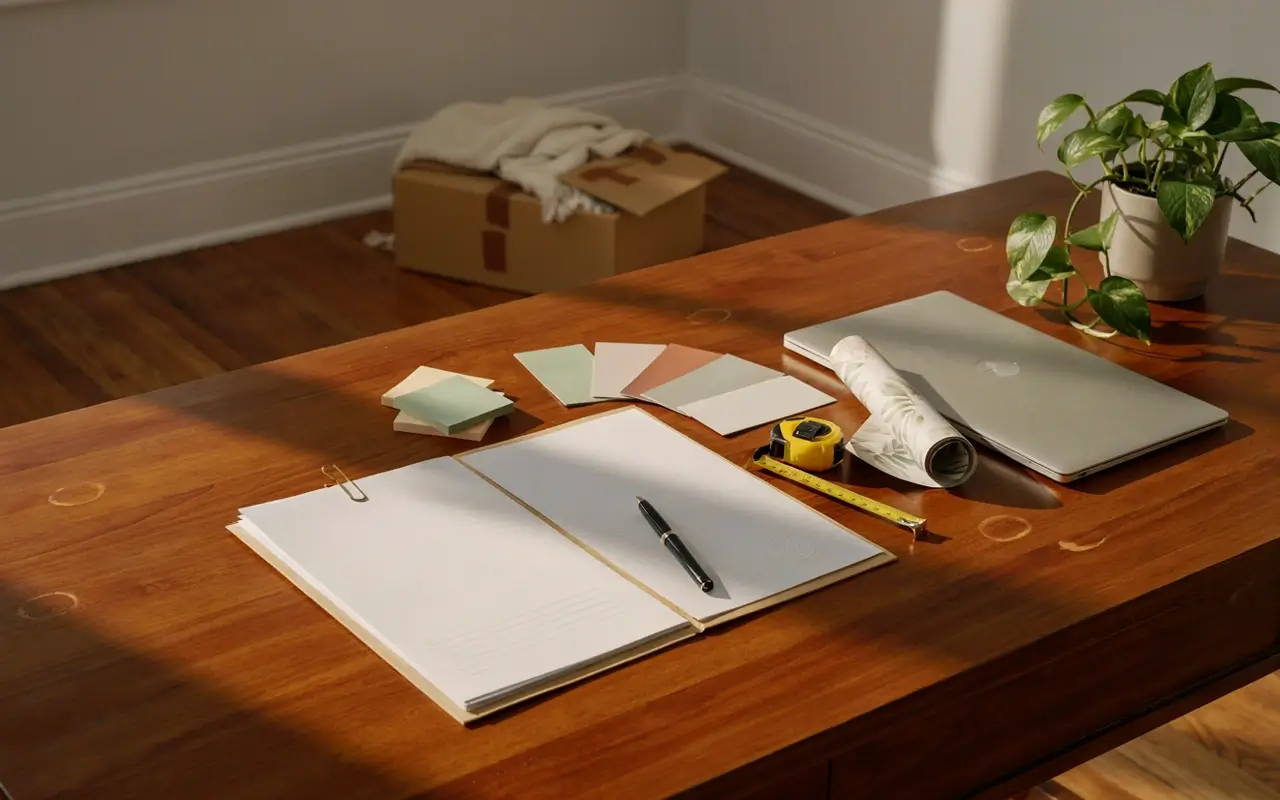 Lease papers, paint swatches, measuring tape, and laptop on a wooden table before planning rental changes.