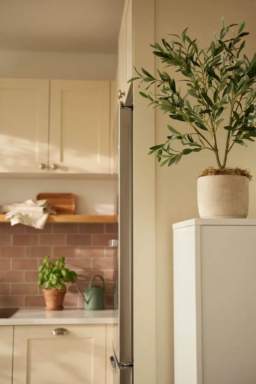 Modern kitchen with a stainless steel refrigerator, open wood shelves, and a styled island tray.