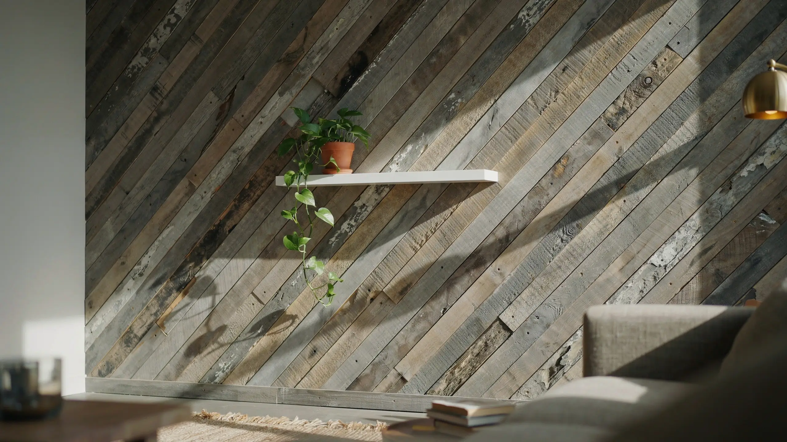 Rustic reclaimed barnwood wall with a white floating shelf, trailing pothos plant, and gold lamp in a sunlit farmhouse interior. 