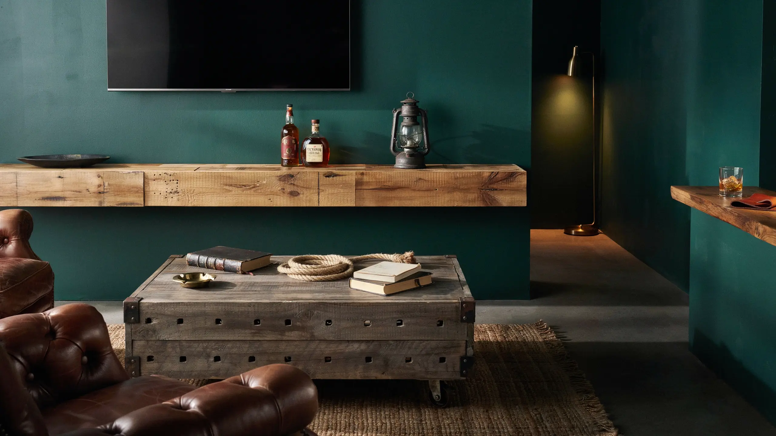 Rustic reclaimed wood floating shelf and horizontal trunk coffee table in a moody teal living room with brown leather tufted chairs, vintage lantern, and whiskey bottles. 