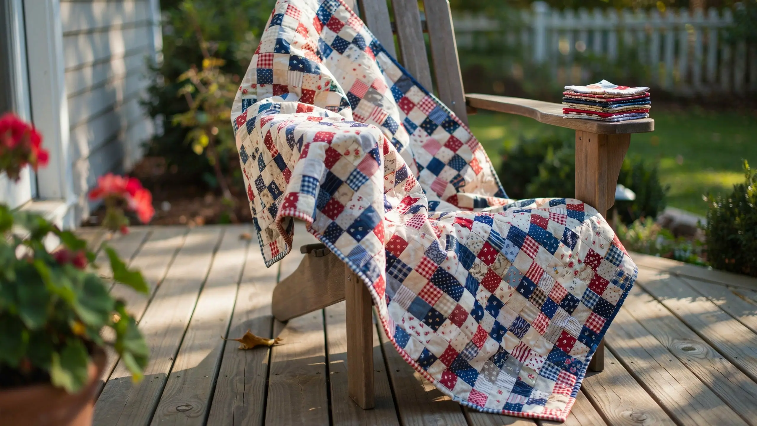 A red, white, and blue scrappy charm square patchwork quilt draped over a rustic wooden porch chair on a sunny outdoor deck, with a stack of matching folded fabric resting on the armrest and a white picket fence in the background