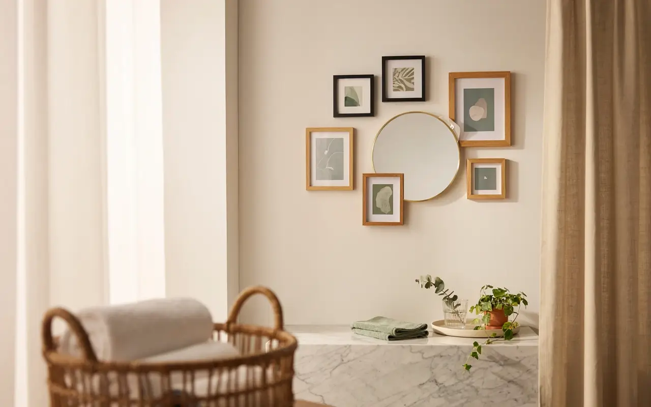 Bathroom gallery wall with framed art and a round mirror hung using removable adhesive strips.