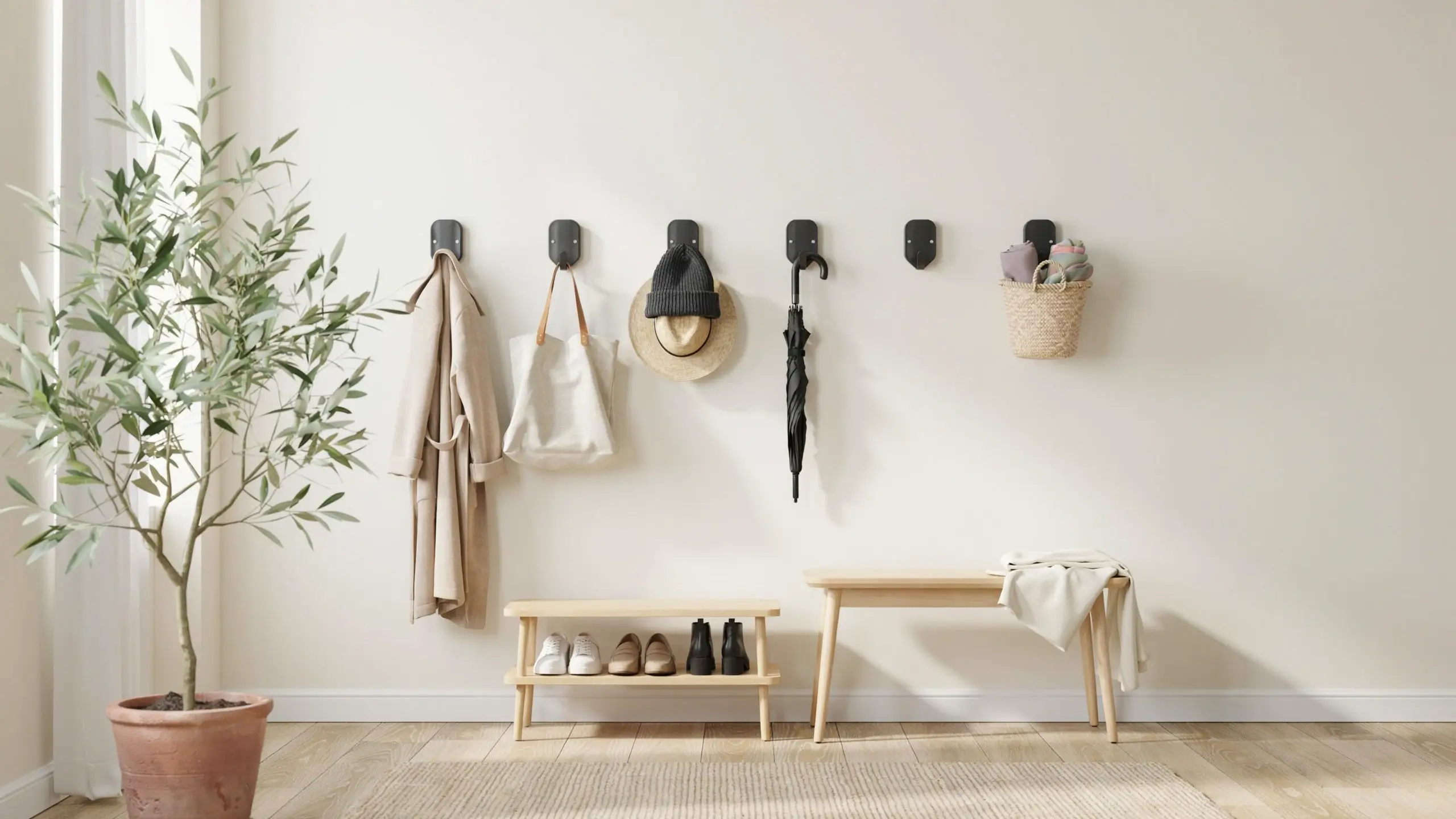 Minimalist entryway with black removable wall hooks displaying a beige coat, tote bag, hat, umbrella, and basket, alongside a wooden shoe rack, bench, and a potted olive tree