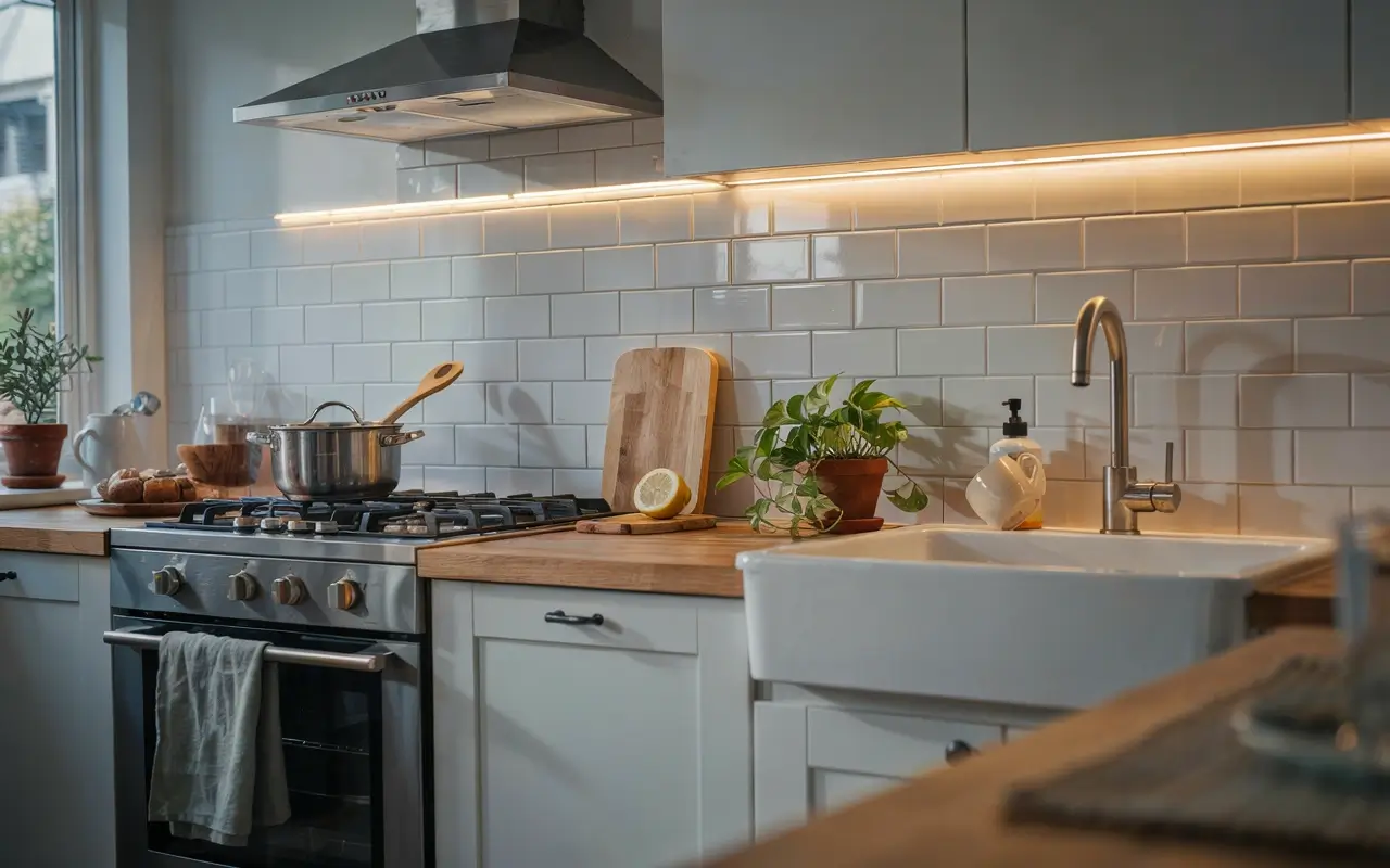 Rental kitchen with white removable subway tile backsplash, under-cabinet lighting, stove and farmhouse sink.