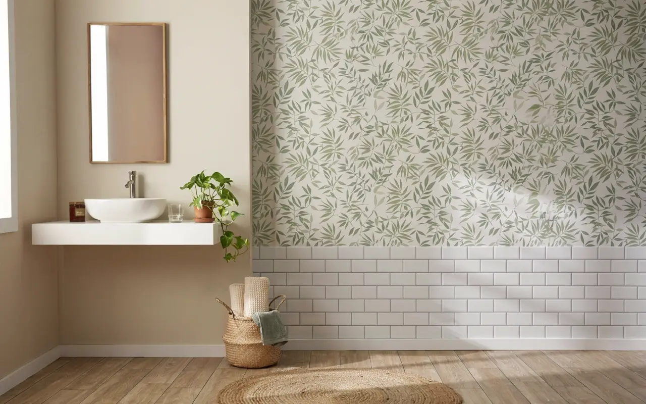 Bathroom with leafy removable wallpaper accent wall above white subway tile and floating sink