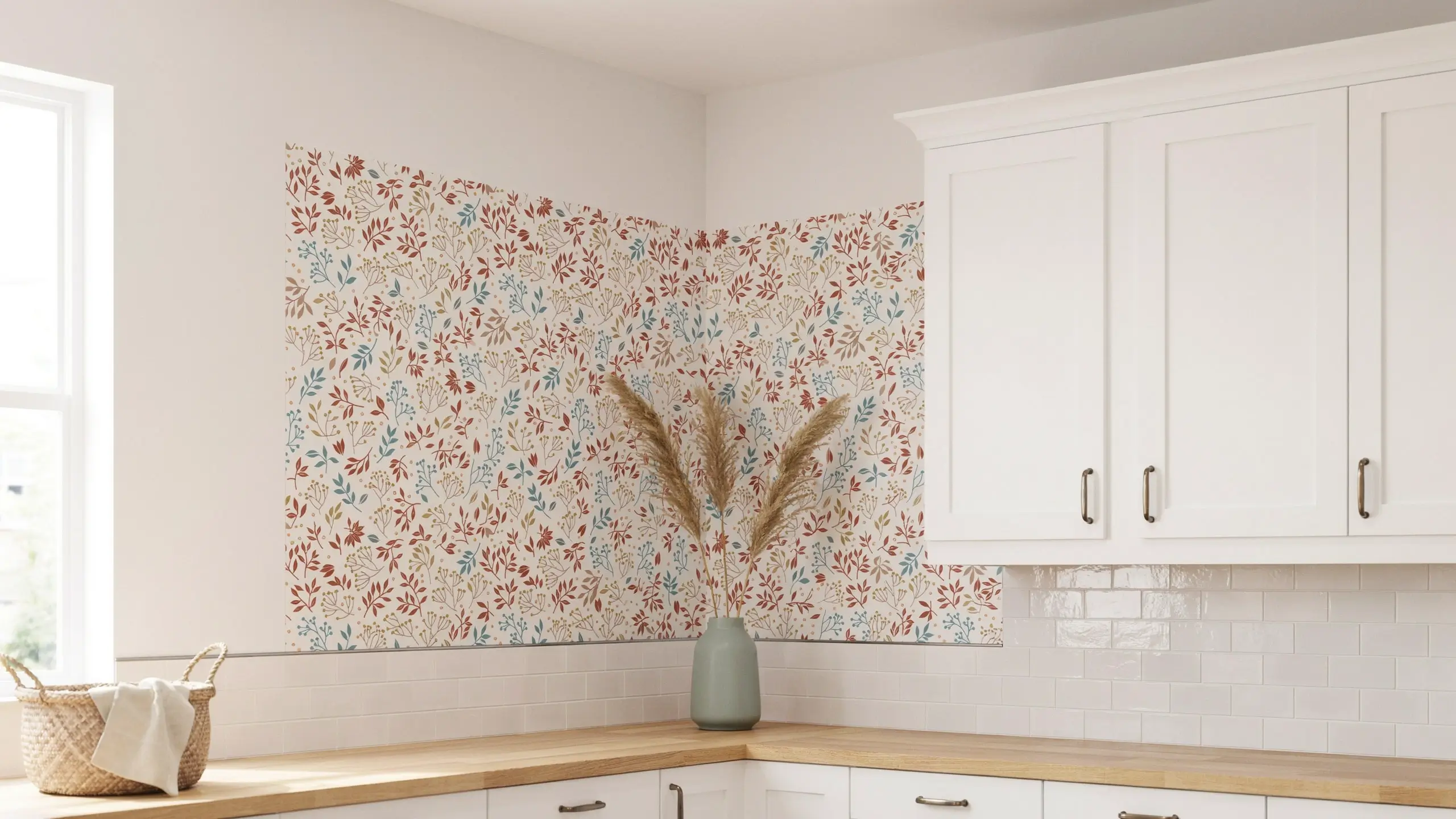 Removable floral wallpaper used as a colorful backdrop above white kitchen cabinets.