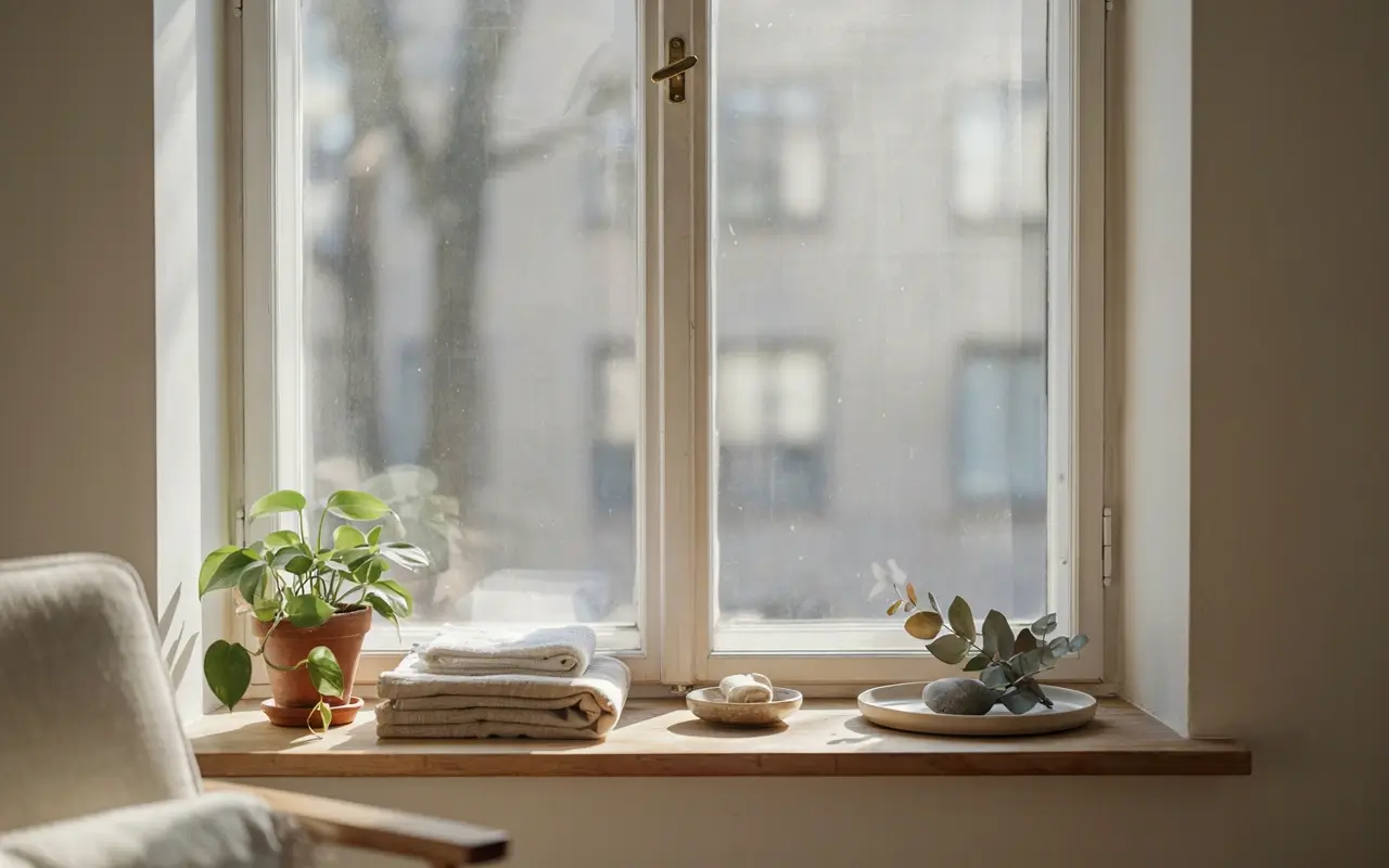 Sunlit rental window with removable privacy film, plants, towels, and bathroom decor.