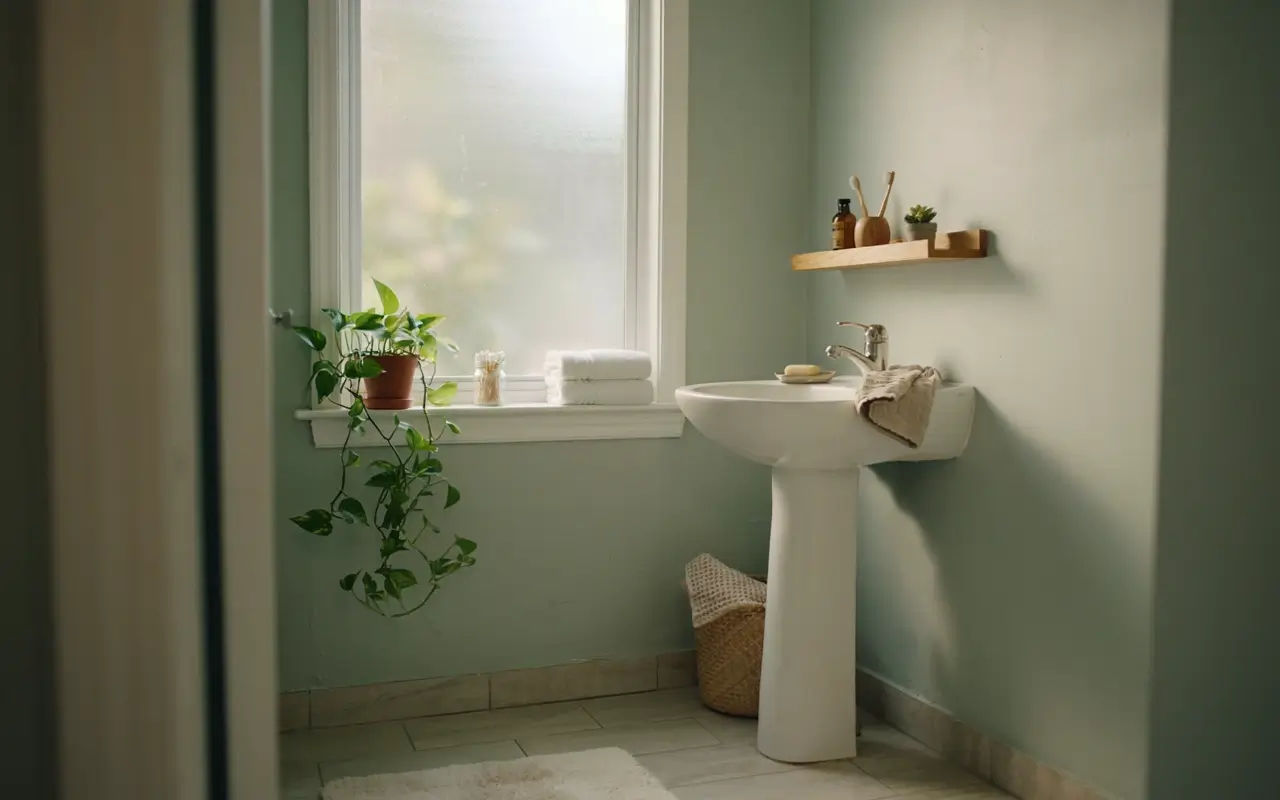 Small bathroom window with removable privacy film, pedestal sink, plant, and floating shelf decor.