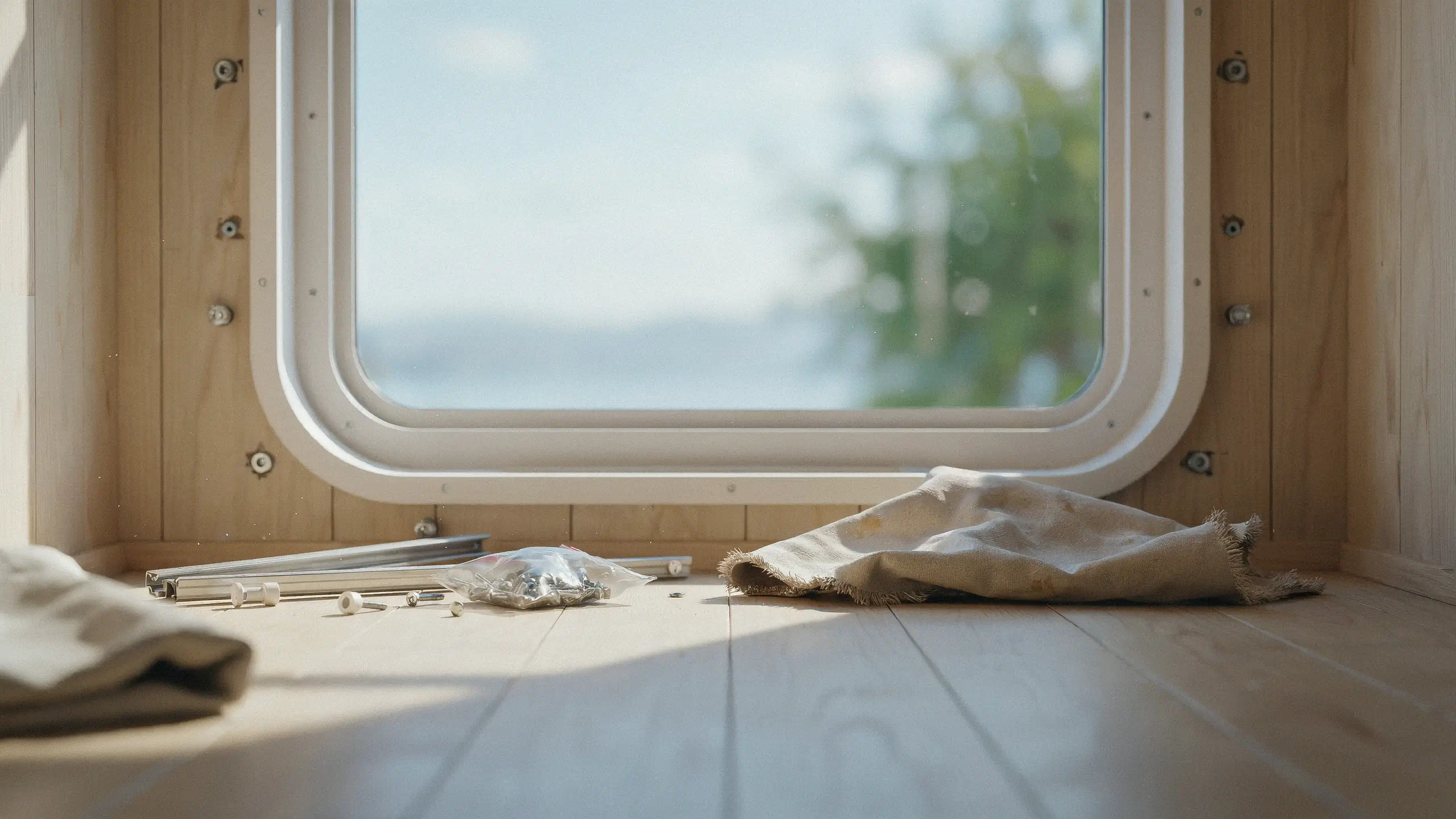 Loose window hardware, metal tracks, and screws scattered on a light wood floor after removing old valances, with a white-paneled window frame and wooden walls in the background.