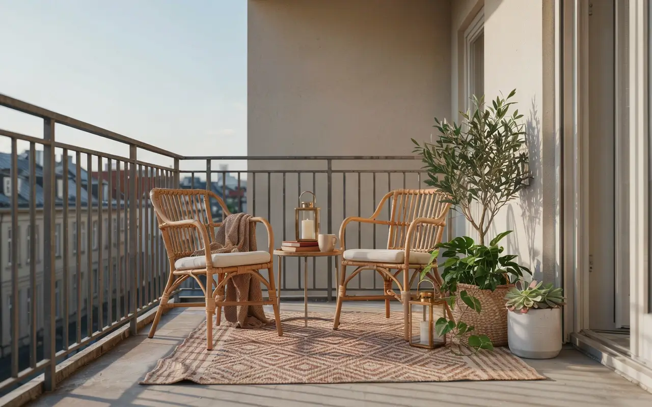 Rental balcony with rattan chairs, plants, rug, and lanterns showing exterior decor changes