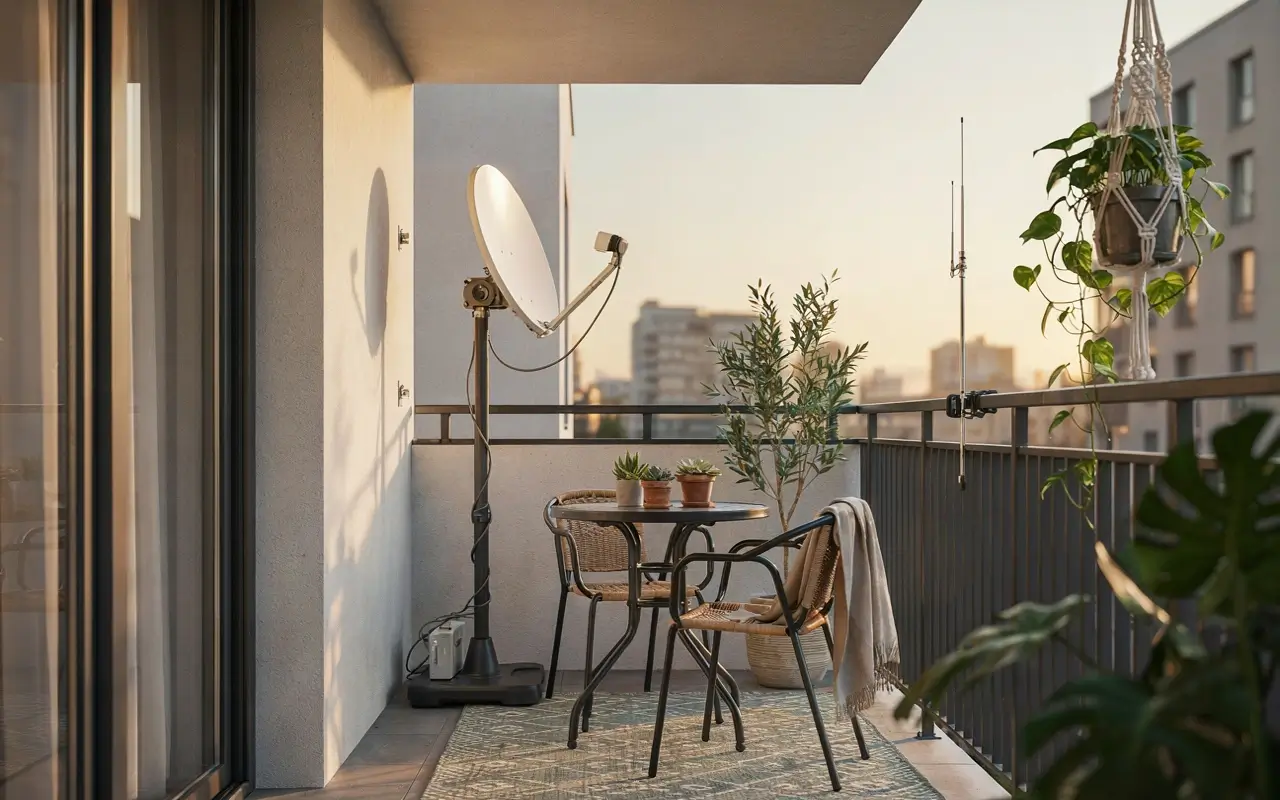 Apartment balcony with a satellite dish, antenna, plants, and small patio table.