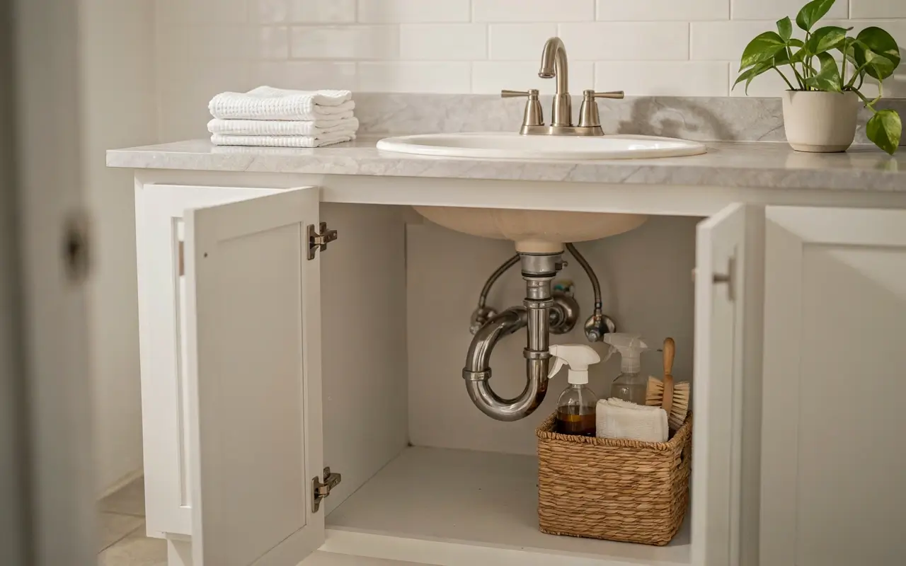 Open bathroom vanity showing sink plumbing and cleaning basket under the cabinet.