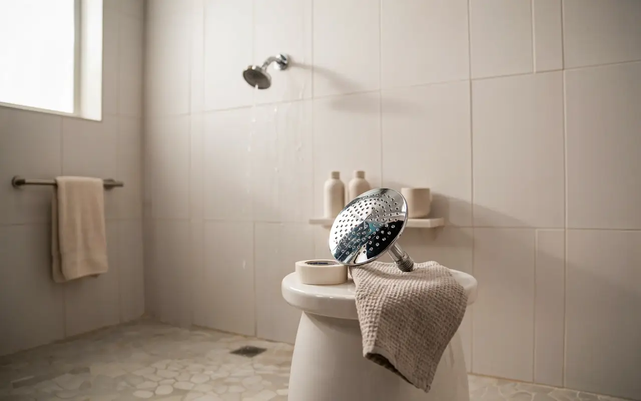 Chrome shower head removed for an easy rental bathroom upgrade.