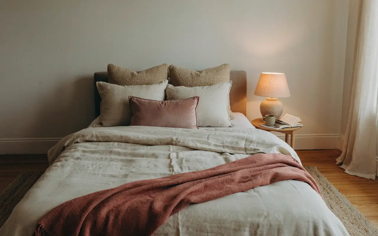 Cozy rental bedroom with layered bedding, pillows, pink throw, bedside lamp, and soft curtains