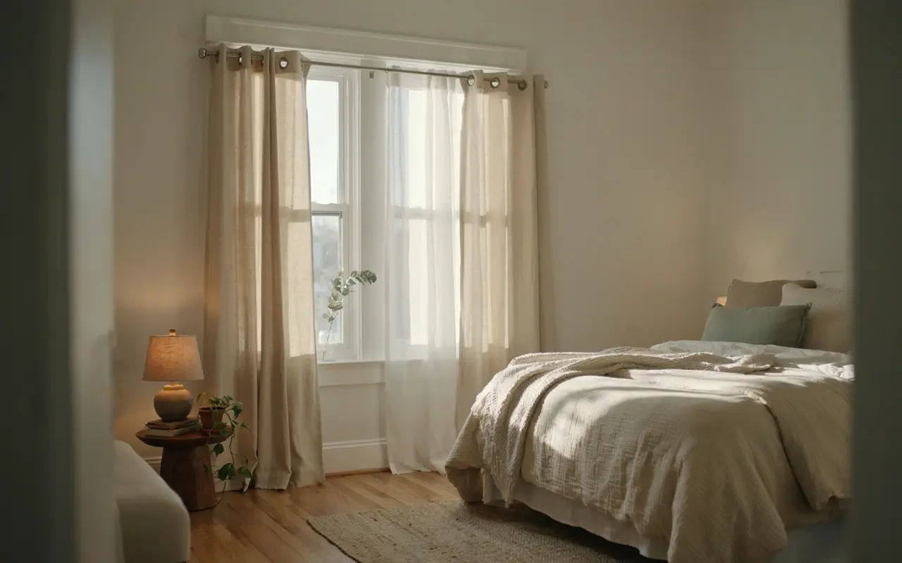 Cozy bedroom with beige curtains on a curtain rod, soft sunlight, white bedding, and warm neutral decor.